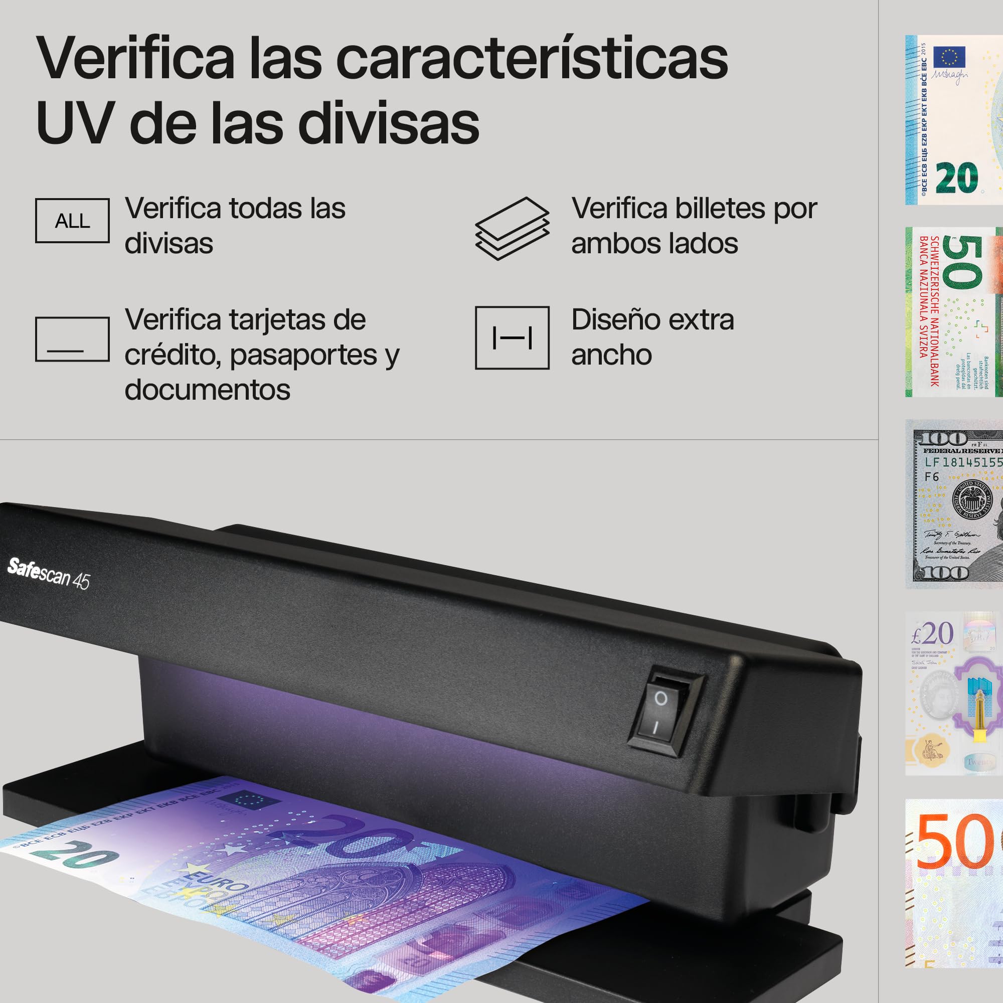 Safescan UV 45 Detector de billetes falsos, verifica billetes, tarjetas de crédito y documentos - Detector UV para nuevos billetes - Detector billetes falsos con luz UV - Detector con luz UV