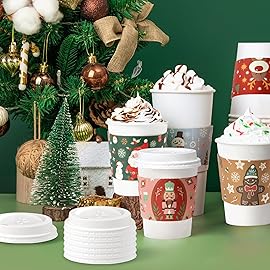 Fit Meal Prep 50 Pack 20 oz Christmas Disposable Coffee Cups with Lids, Sleeves, Leak-Proof To Go Coffee Cups with Lids, Durable Holiday Hot Paper Cups for Home, Office, Party, Business