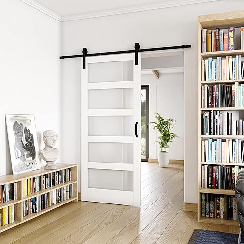 Miniatura 3 de Puertas correderas de granero de 36 x 84 pulgadas, 5 paneles, puerta interior de vidrio esmerilado templado para habitación con kit de herramientas