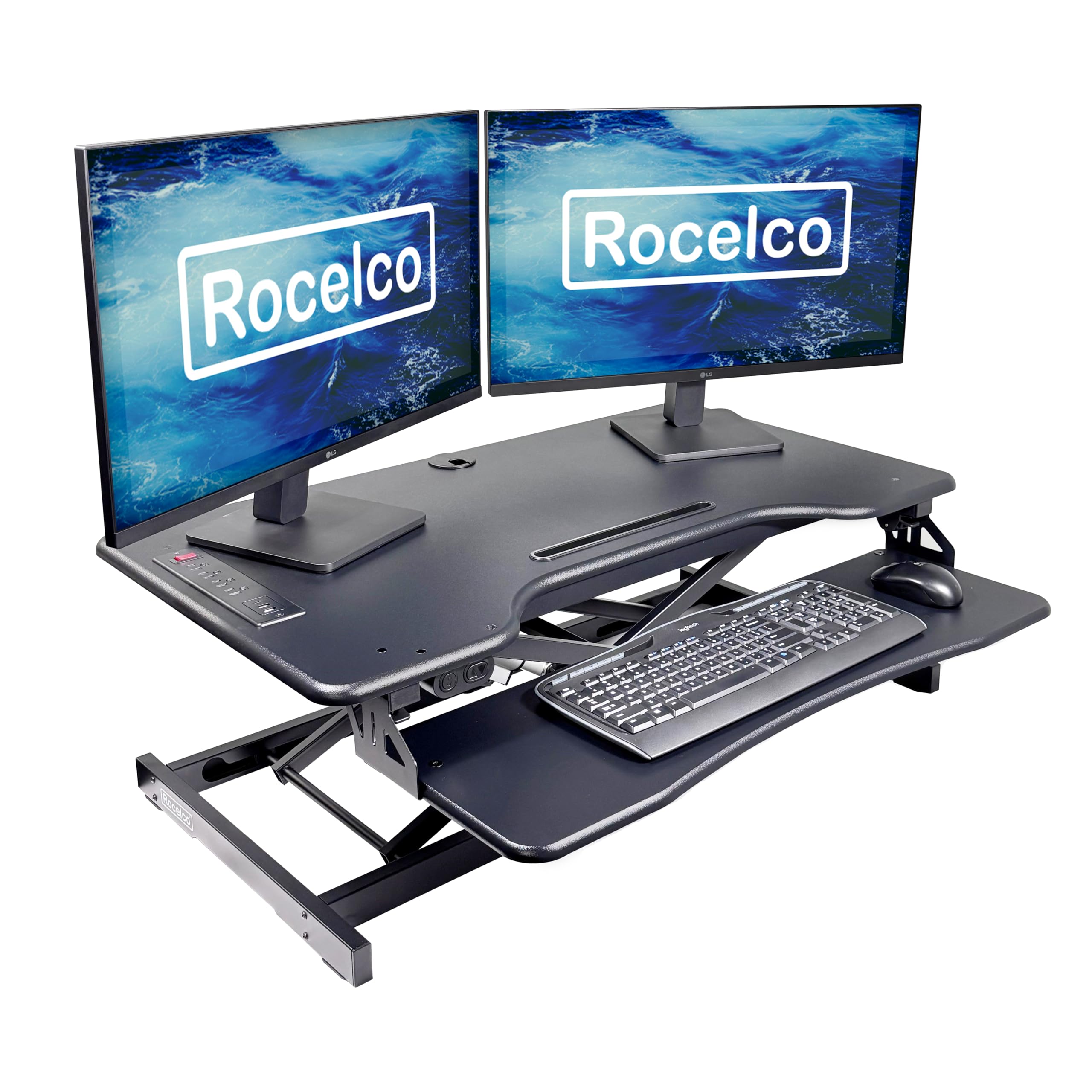 Rocelco 37.4" Electric Standing Desk Converter with Dual Monitor Mount Arm - AC USB Charger - Motorized Height Adjustable Sit Stand Up Computer Workstation Riser - Black (R EDRB-DM2), Large