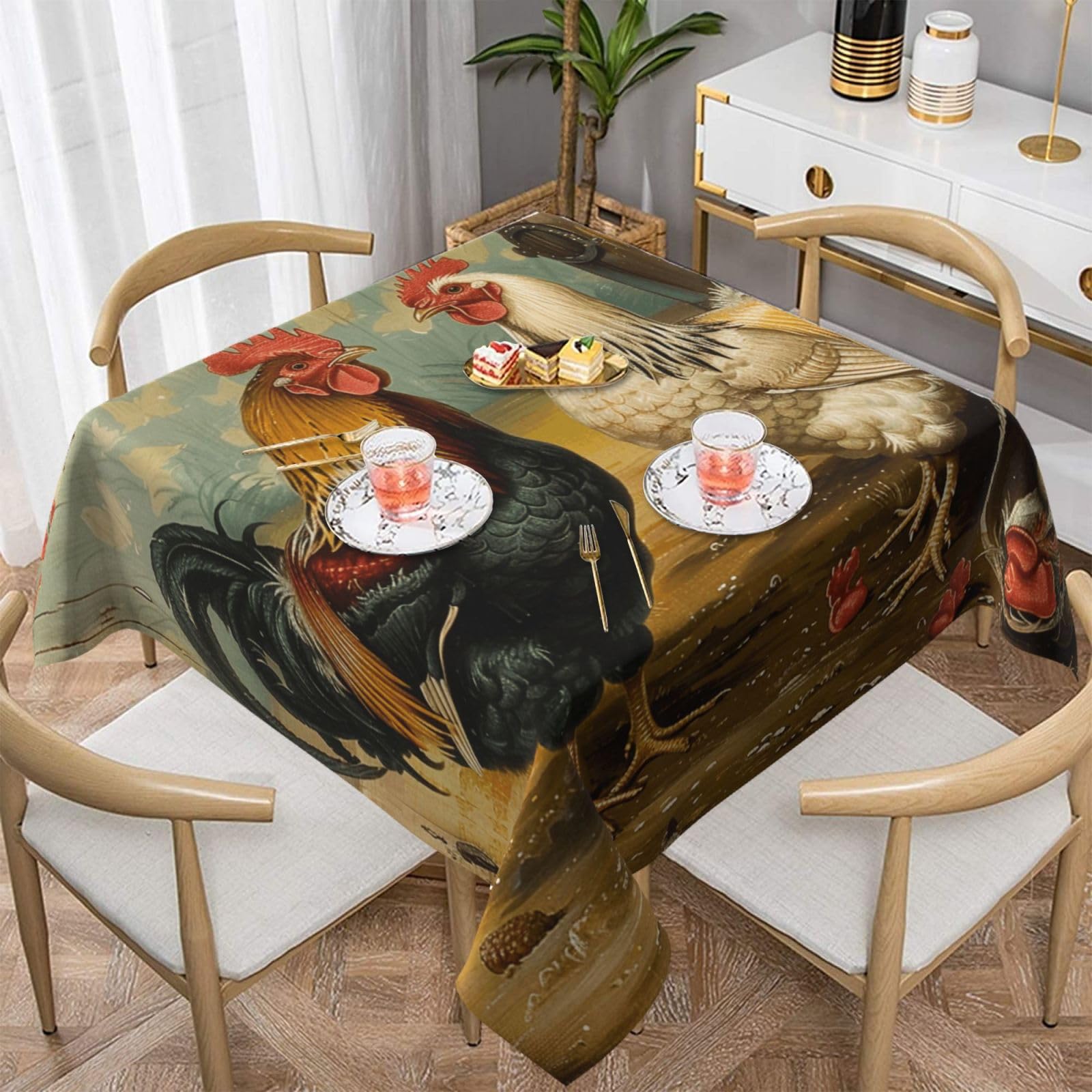 WPKJU Chicken and Rooster Print Printed Square Tablecloth 54x54 inch Water Resistant Table Cover Washable Rectangle Table Cloth for Dining Tables