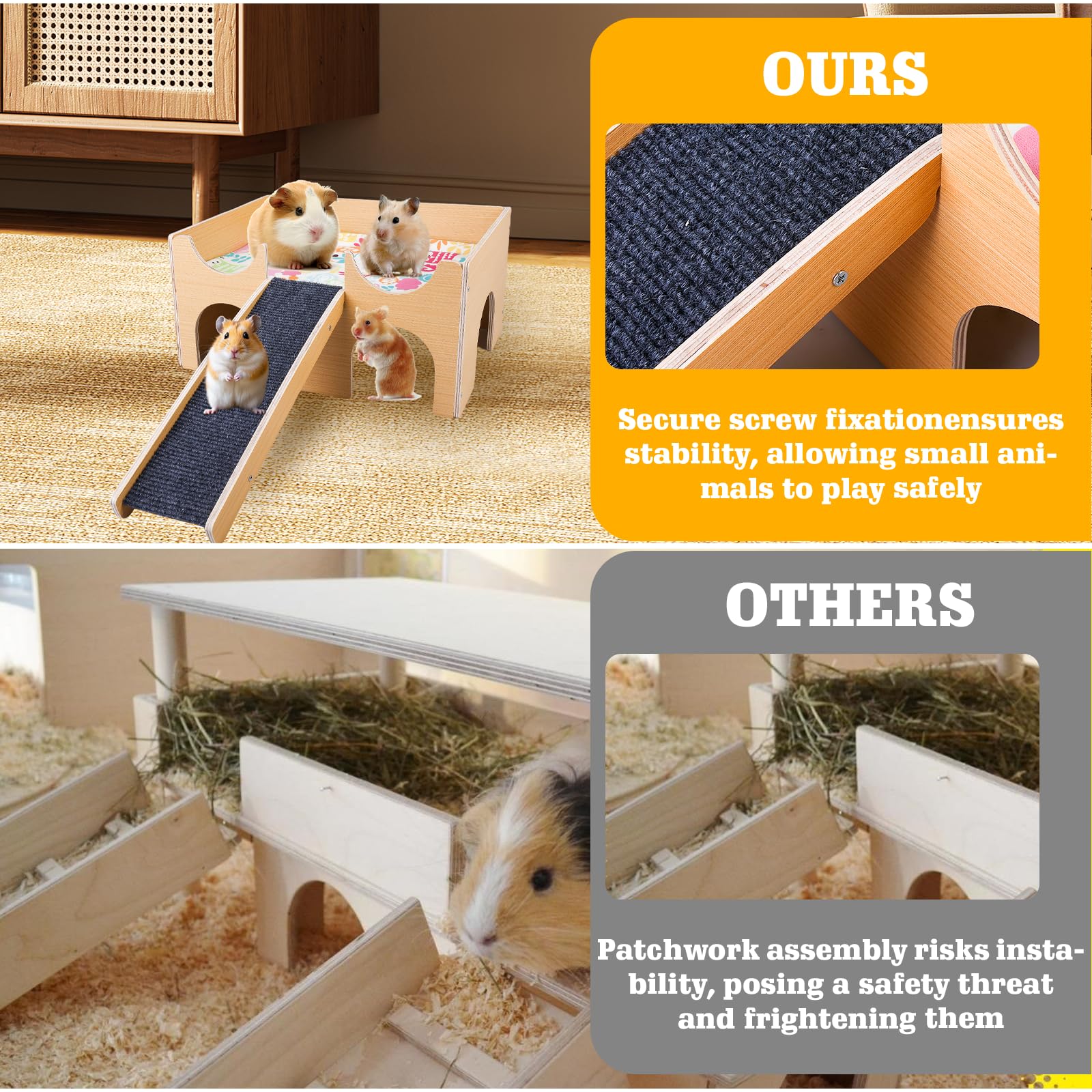 Grande maison pour cochons d'Inde en bois massif avec rampe et 3 entrées, maison de lapin naturel, pour rats, hamsters et petits animaux
