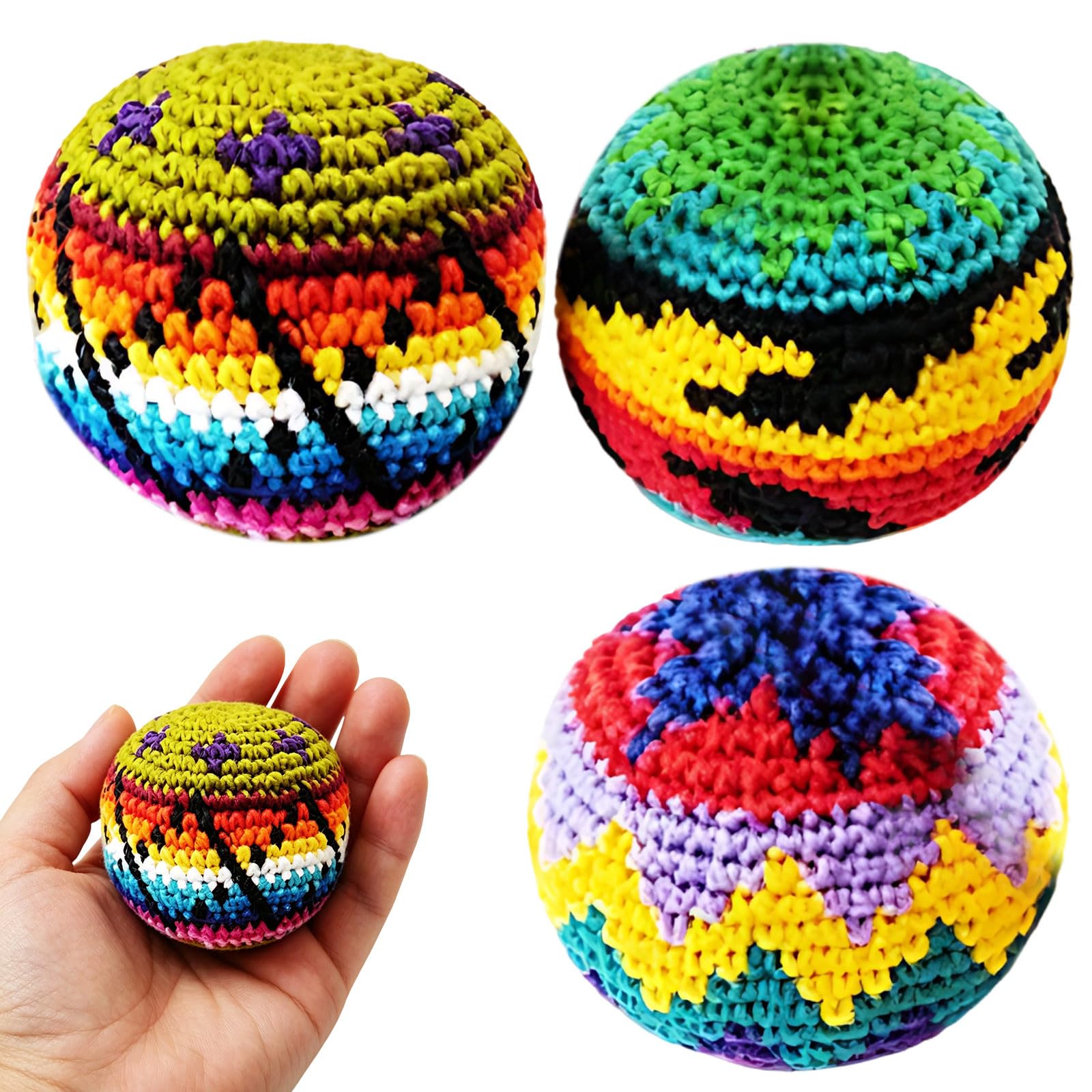 Knitted Footbags,Juggling Balls,Footbag Sack for Adults & Beginners,Kick Balls,Keepy Uppy Foot Bag, Footbag Sack for Kick Ball, Hand-Eye Coordination,Assorted Colours and Styles (G 3pcs)