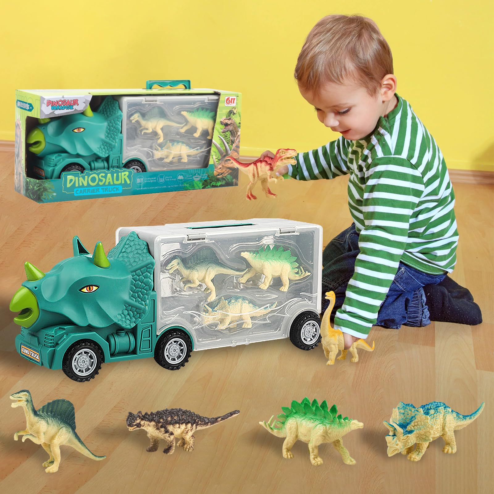 ALEENFOON Dinosaur Truck Toy for Kids 3 4 5 6 Years Old, Triceratops Car Transport Carrier Truck with 6 Dinosaur Figures, Dinosaur Truck Toy Car Transporter Carrier Set for Boys Girls