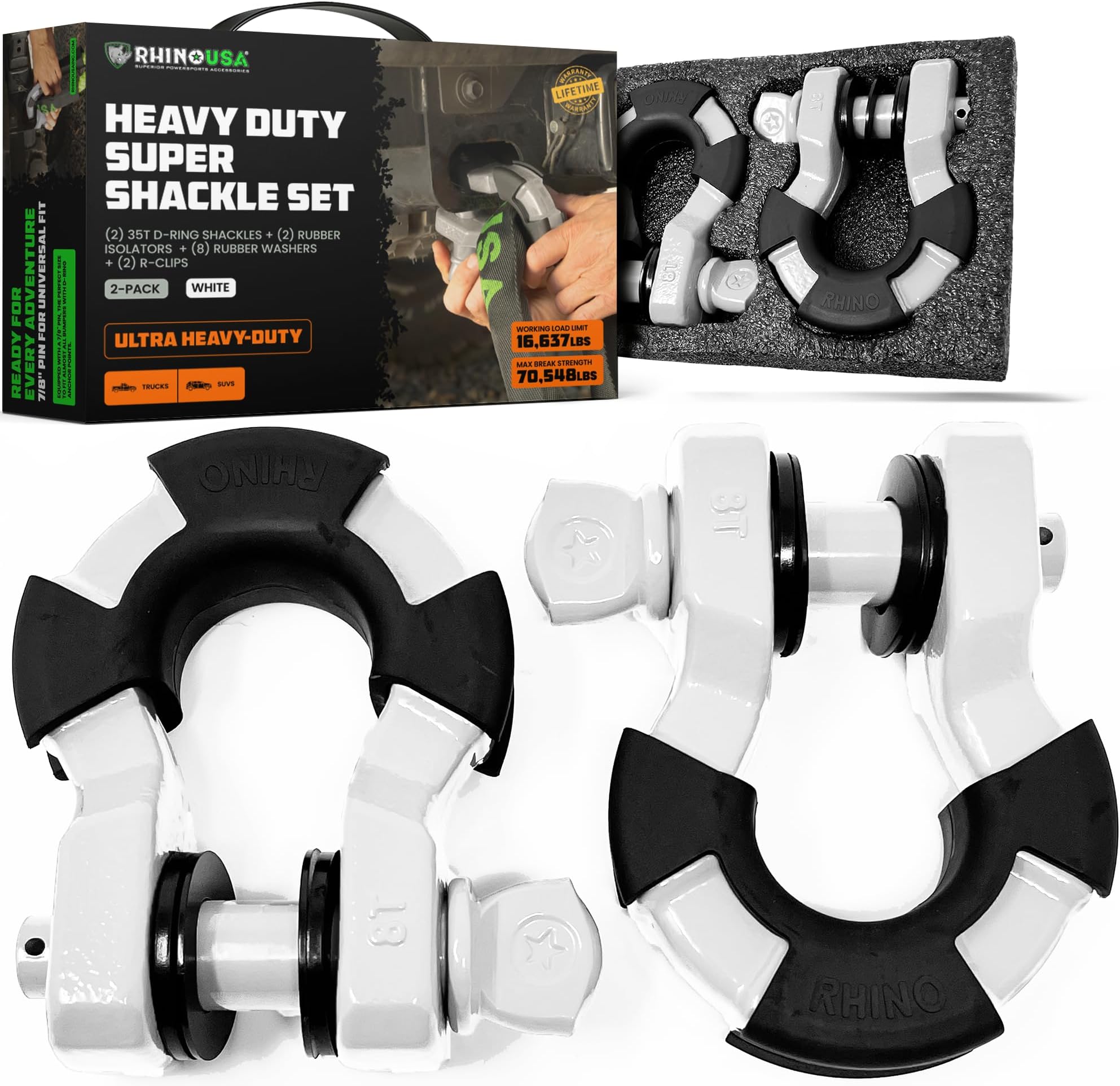 Rhino USA Super D Ring Shackles (2-Pack) - 70,548lb Break Strength – Heavy Duty 3/4" Clevis Shackle with 7/8 Pin for Towing & Off-Road Use - Pairs with Tow Strap for Vehicle Recovery (White)