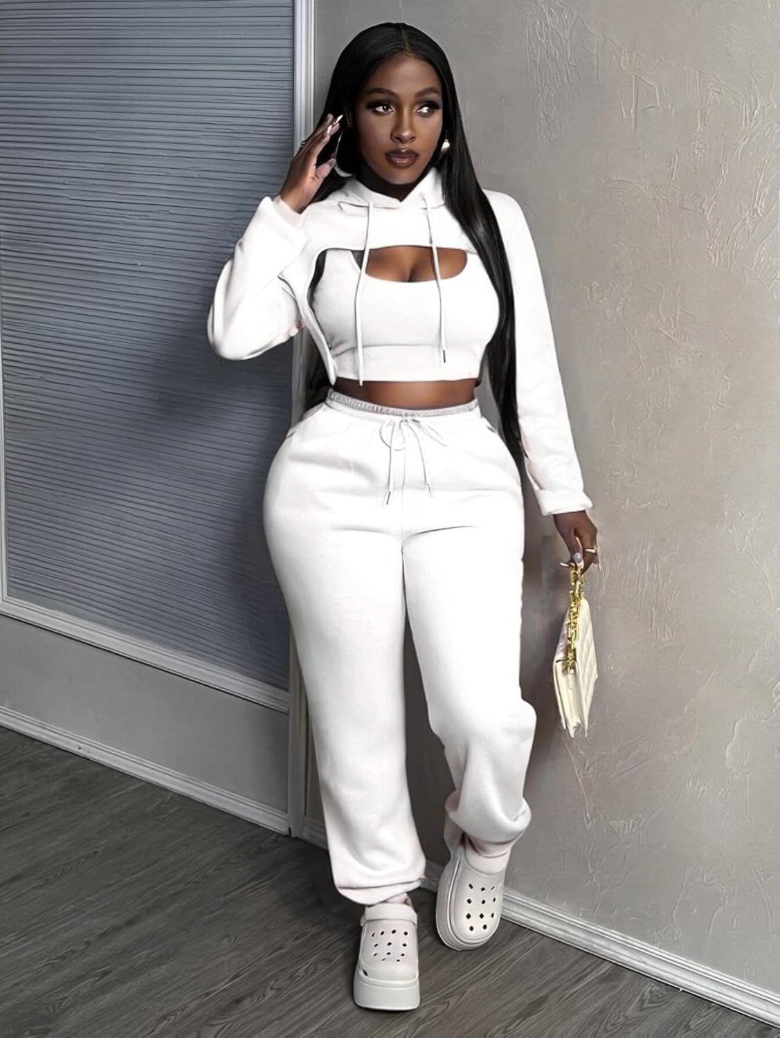 Women 3 Piece Sweatsuit Set Sexy Long Sleeve Pullover Cropped Hoodie Tank Top and Jogger Sweatpants Tracksuit - Image 2