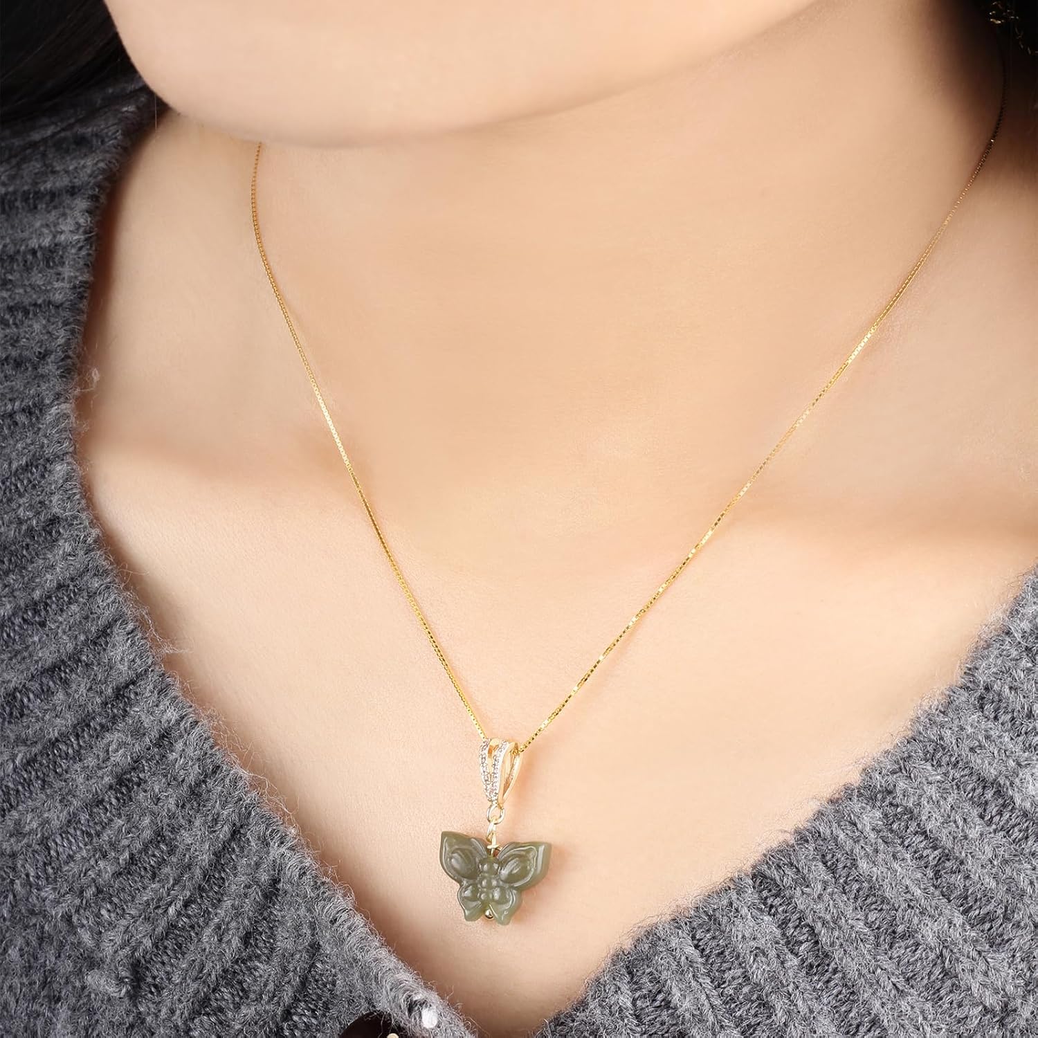 Green Natural Jade Necklace, Cat Shape Jade Pendant for Women, Jade Jewelry for Women Lucky Gifts for Girls Women (925 Sterling Silver with Gold Plated) - Image 4
