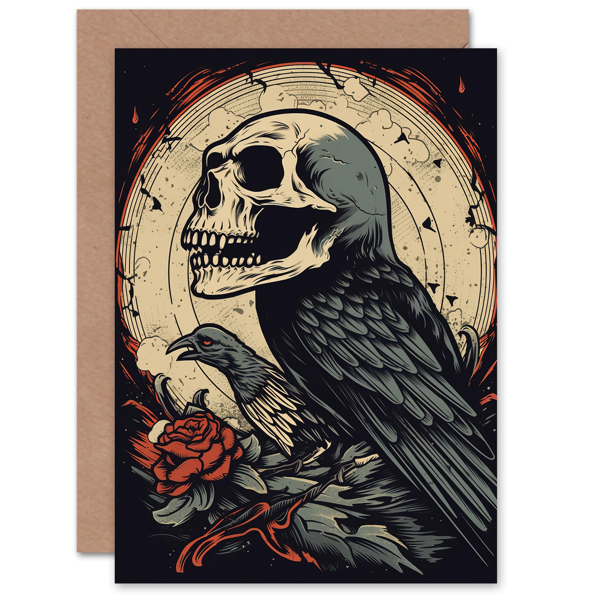 Artery8 Human Skull Raven Horror Dark Creepy for Him or Her Man Woman Birthday Thank You Congratulations Blank Art Greeting Card