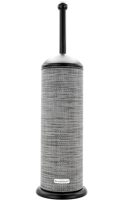 BROOKSTONE - Metallic Toilet Brush with Holder, Long Handle for Deep Bowl Cleaning, [Splash Protective Disc], Stylish Modern Space Saving Design, Leakproof Inner Container