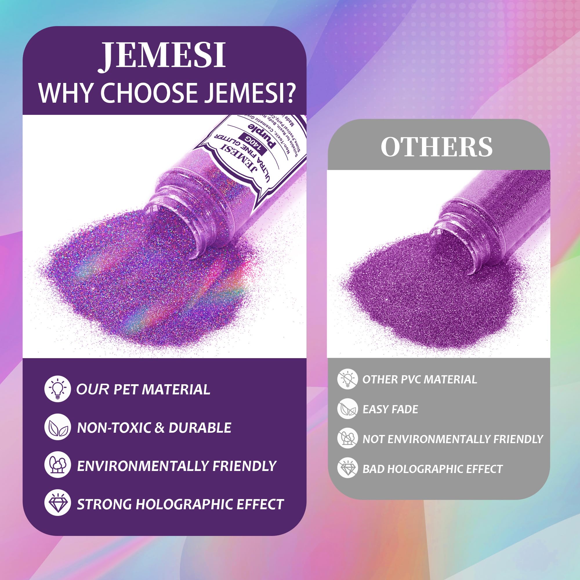 Glitter Olografici Ultrafini, Glitter Di Bellezza,Viola colore140g, Adatti Per Capelli, Viso, Corpo, Unghie e Trucco Natalizio. Adatti Anche Per Resina Epossidica, Vetro e Lavori Artigianali.