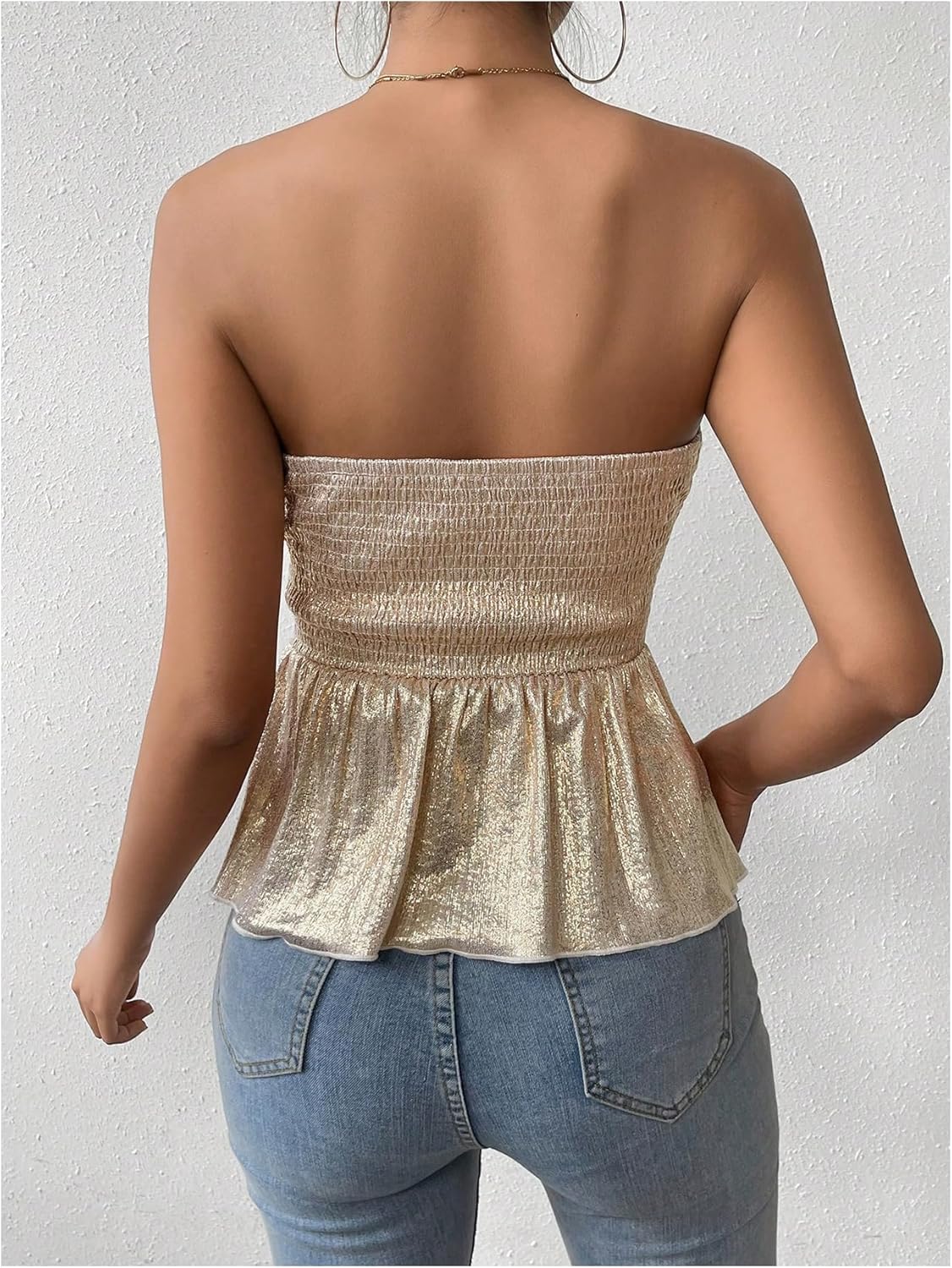 MakeMeChic Women's Metallic Strapless Tube Top Sleeveless Ruched Ruffle Hem Blouse Tops - Image 2