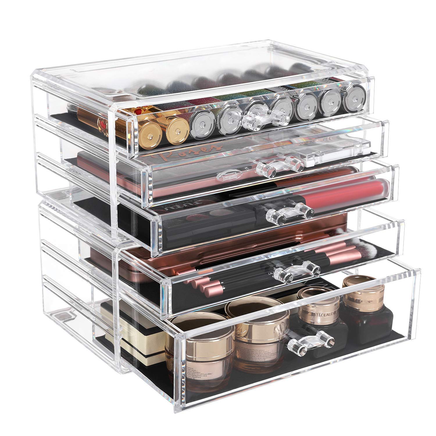 SONGMICS Organizer Trucchi, Armadietto per Gioielli e Cosmetici a 2 Contenitori Impilabile, con 5 Cassetti, Polistirene Trasparente JMU32TP