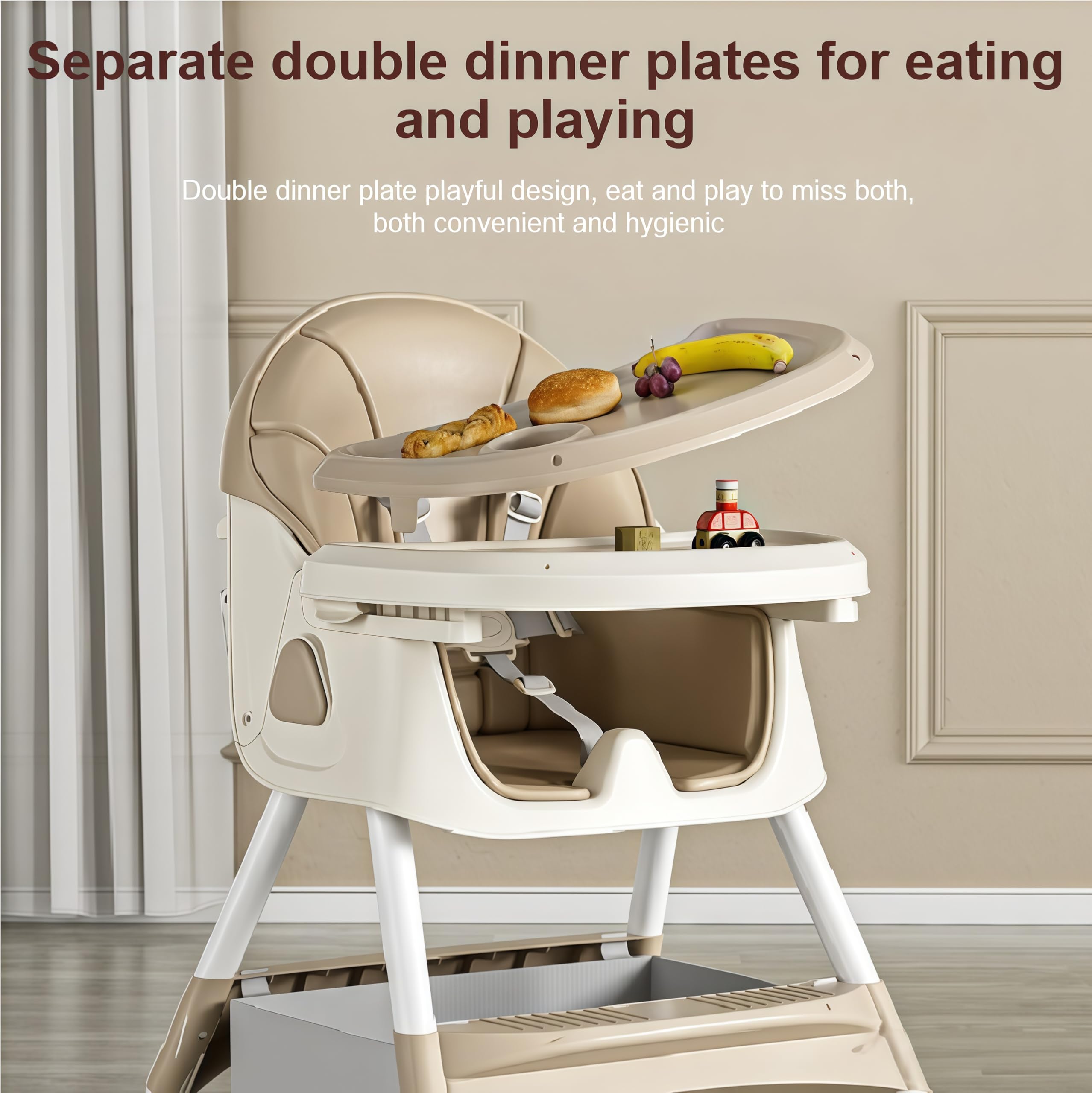 Seggiolone per Bambini Sedia da Pranzo per Multifunzionale con Doppi Vassoi Staccabili e Ruote Pappa con modalità oscillazione e Schienale Regolabile a 3 velocità (560 Khaki)