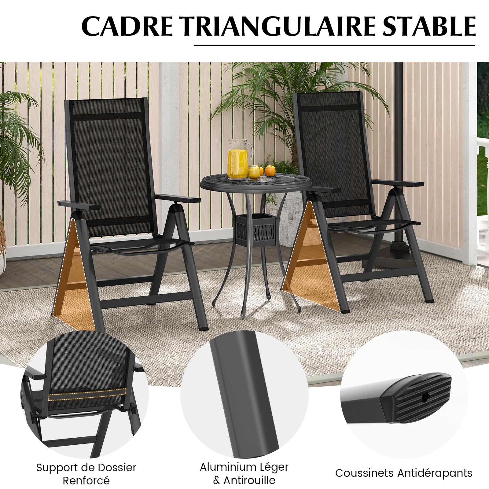 GOPLUS - 2 sillas de jardín al aire libre con respaldo ajustable en 7 posiciones, 73 x 58 x 107 cm, aluminio plegable y portátil, ideal para terraza