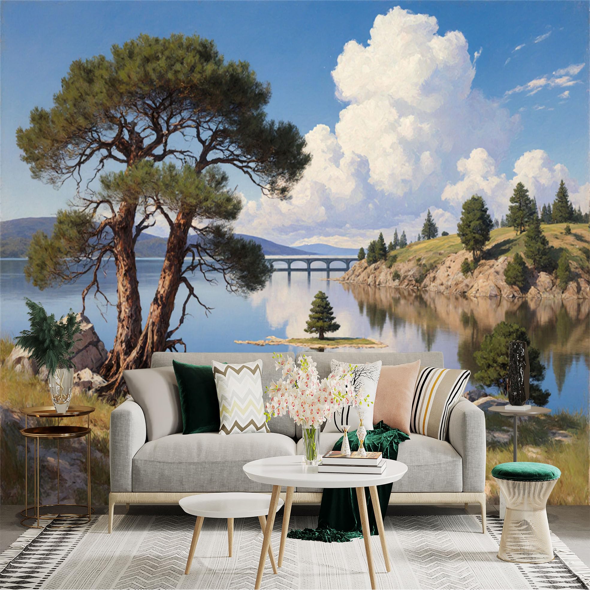 Lnzczhyre Xc260505664 Custom Size Wall Sticker Mural， Serene Lake Landscape， Majestic Pine Tree， White Clouds Reflection， Scenic Bridge View， For Wall Decoration， Peelandstick Wall Decals.