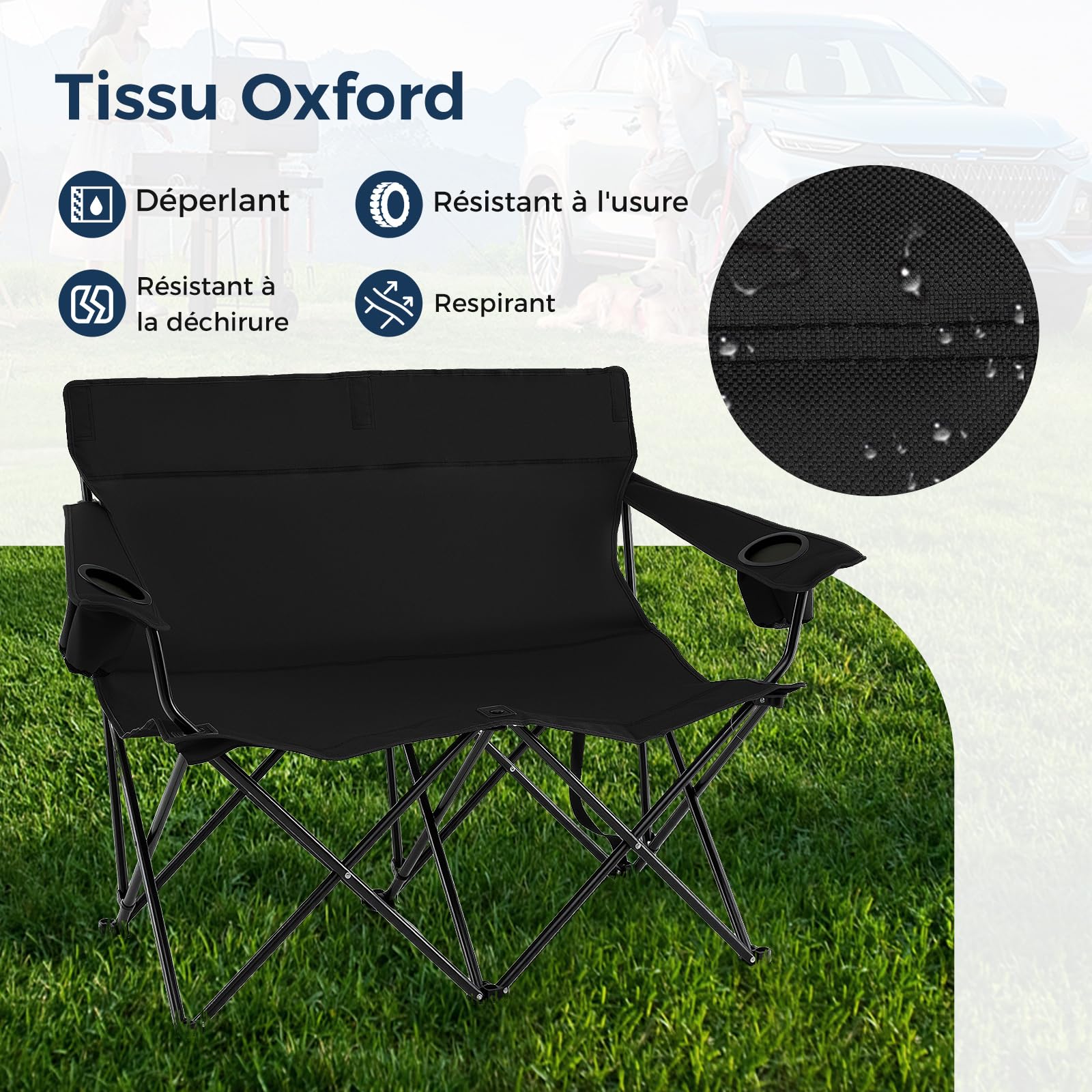 COSTWAY Chaise Pliante Camping à 2 Places, 132 x 66 x 96 cm, Charge 300 kg, Chaise de Jardin Exterieur, 2 Porte-Gobelets, Sac de Transport, Tissu Oxford, Fauteuil Pliant pour Plage Voyage Pêche (Noir)