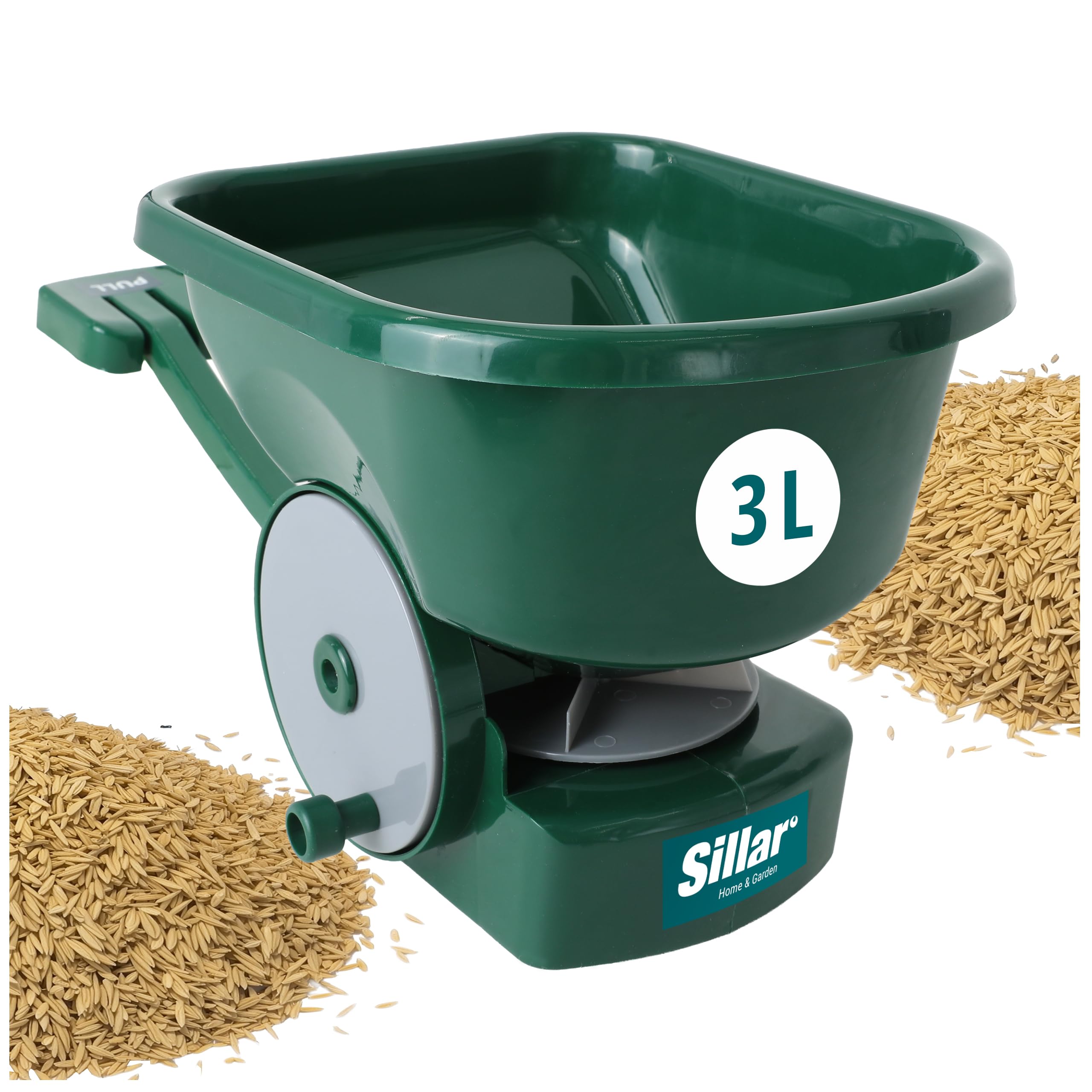 Sillar Handstreuer mit Ausziehbarer Stütze, 3 L Düngerstreuer und Samenstreuer, 4-Stufen Dosierung, 1,8-3,6 m Streubreite, Für Rasen, Salz, Sand und Streugut, Grün