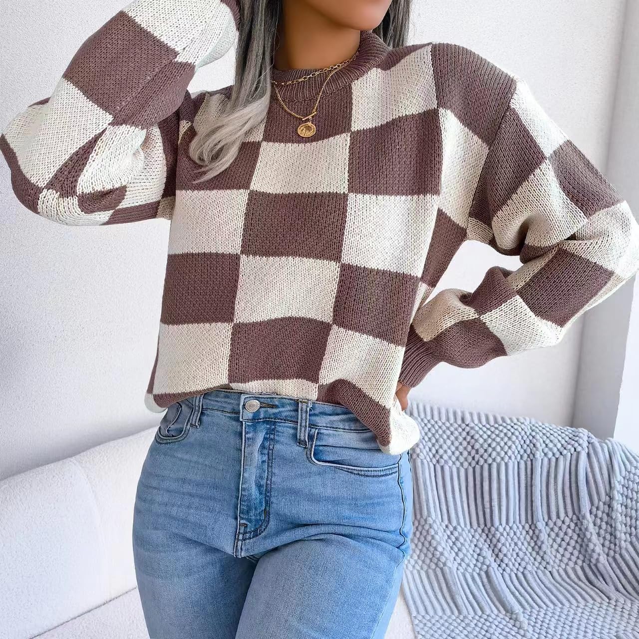 Women's Color Block Checkered Crew Neck Long Sleeve Y2K Plaid Knitted Pullover Sweater Tops Vintage Preppy Style Knitwear - Image 5