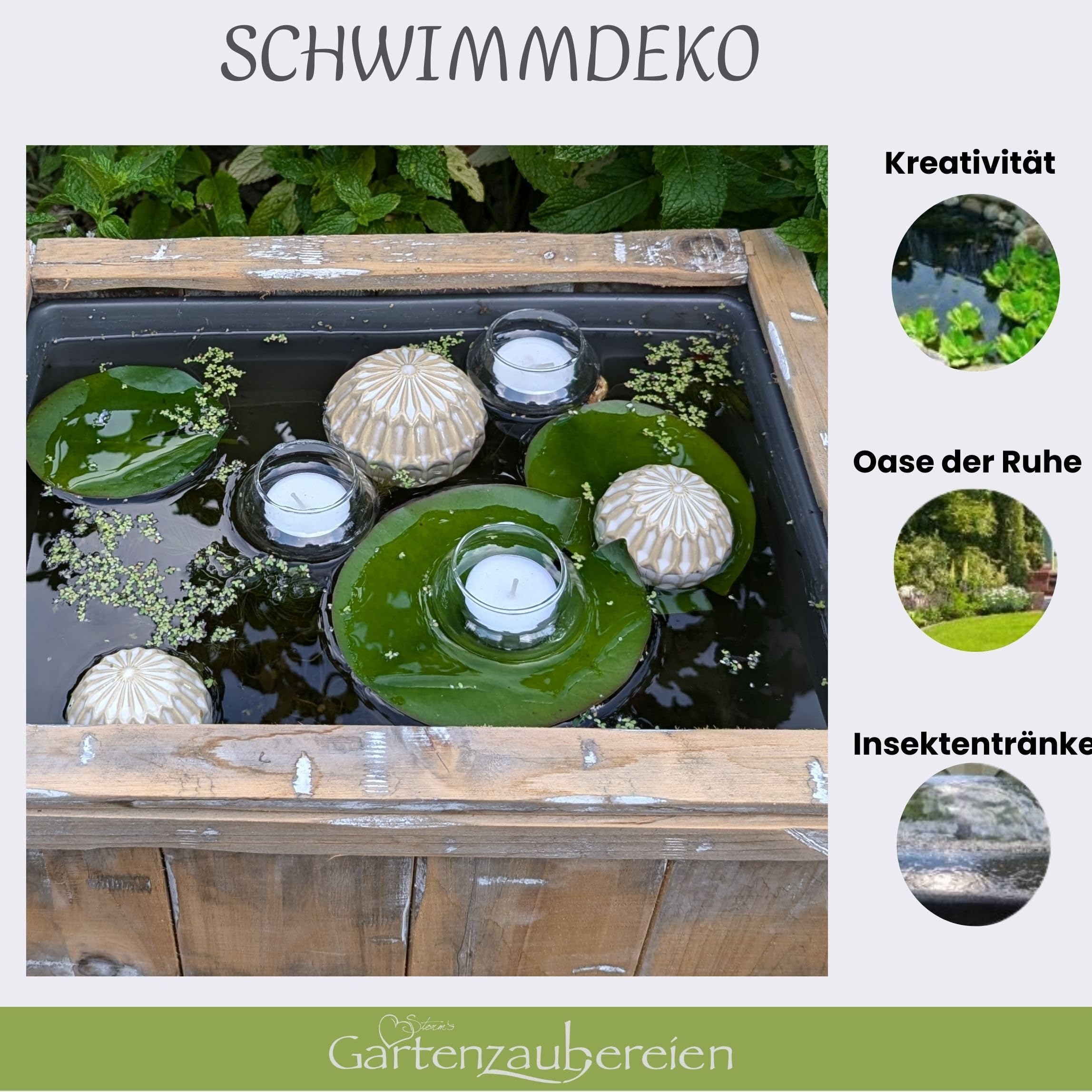 Storm's Gartenzaubereien Miniteich Kompletset - Inklusive 3 cremefarbene Schwimmkugeln & Teelichtschalen aus Glas - Perfekt für Balkon- und Terrassenteich - Teichdeko