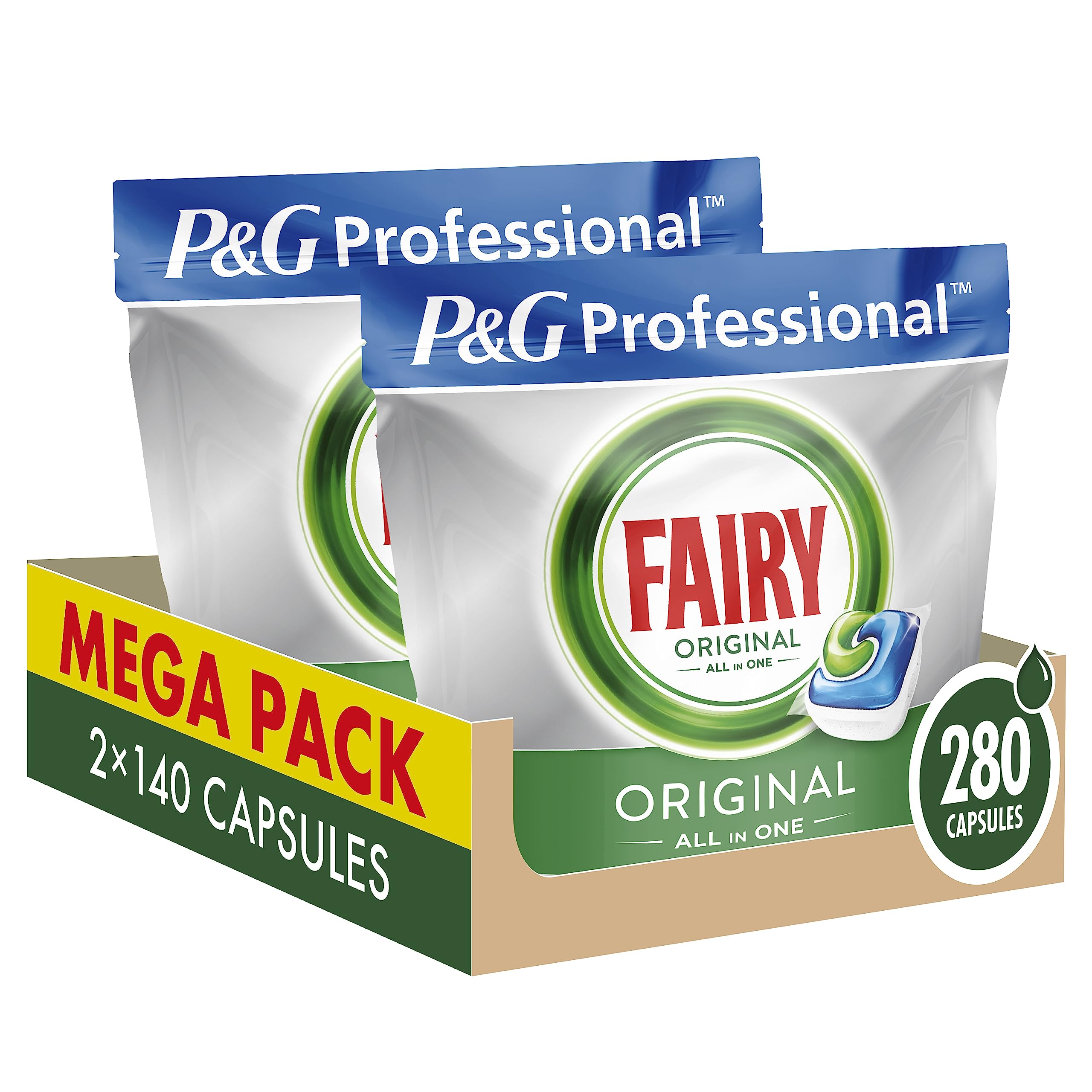 Fairy Professional Tablettes Lave-vaisselle All In One, 280 Capsules (2 x 140), Classique, Efficaces Même Sur La Graisse Incrustée, Protège le Verre Et L'Argent Pour Une Brillance Éclatante