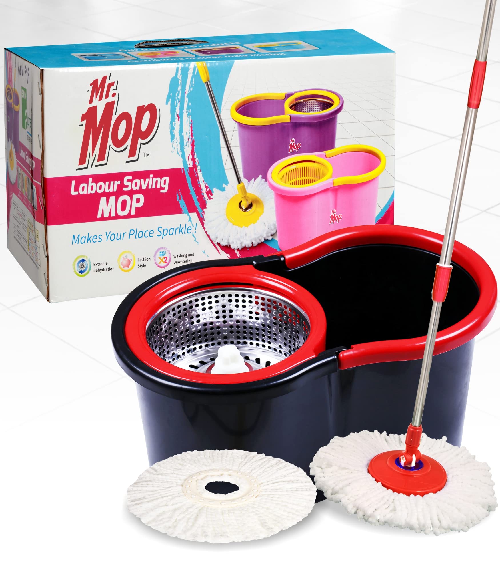 Mr.Mop 360 Degree Steel Spin Mop with Bucket for Floor Cleaning with Mop Stick and 2 Microfiber Mop Refill | Magic Mop with Bucket - Pocha Bucket Set | Steel Jaali Mop (Red & Black) (B0B2973FV4) Amazon Price History, Amazon Price Tracker
