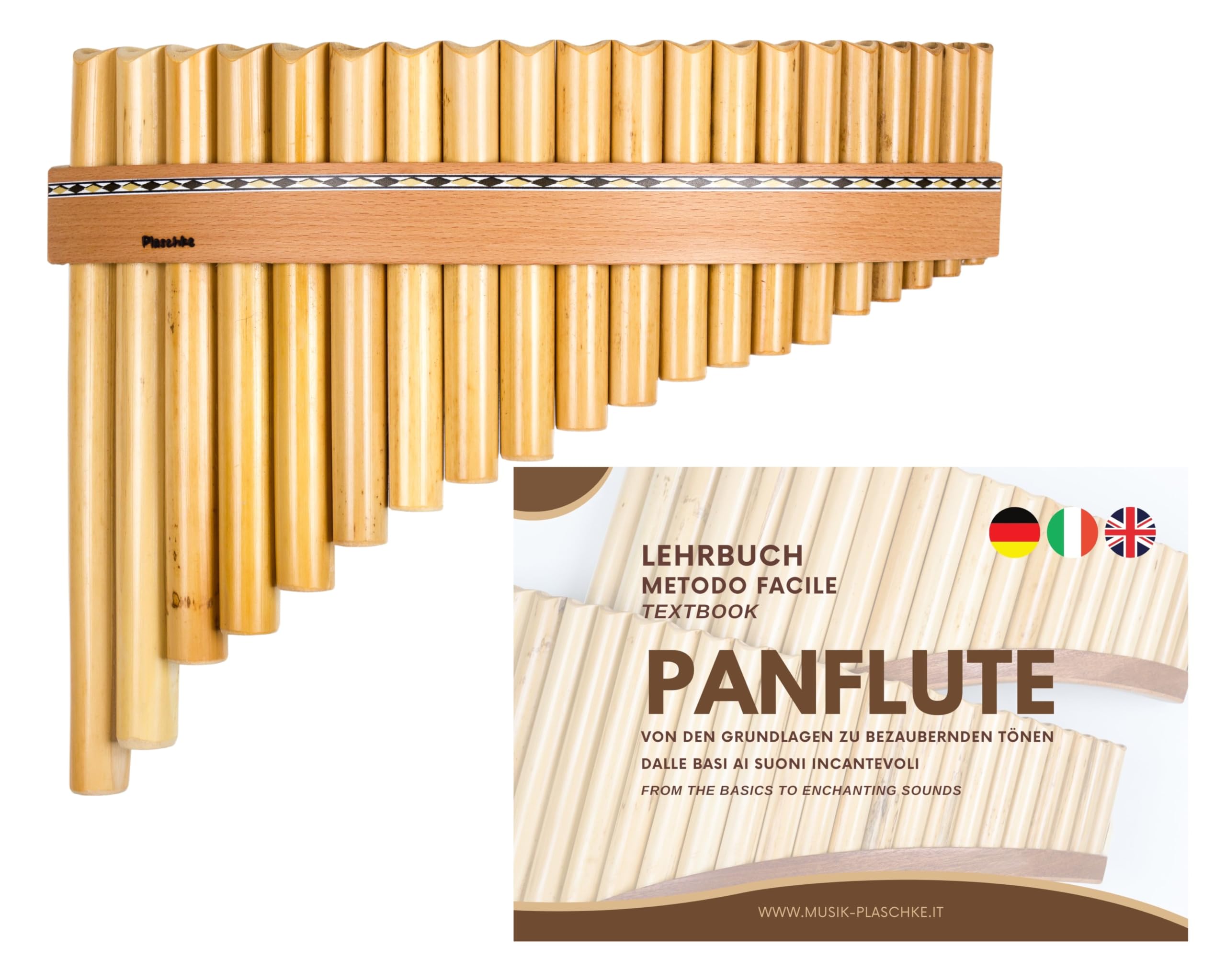 Plaschke - Flûte de pan en bambou - Avec 20 tubes, majeur, lanières en bois, étui et livret - Fabriquée à la main - Instruments du Tyrol du Sud / Italie