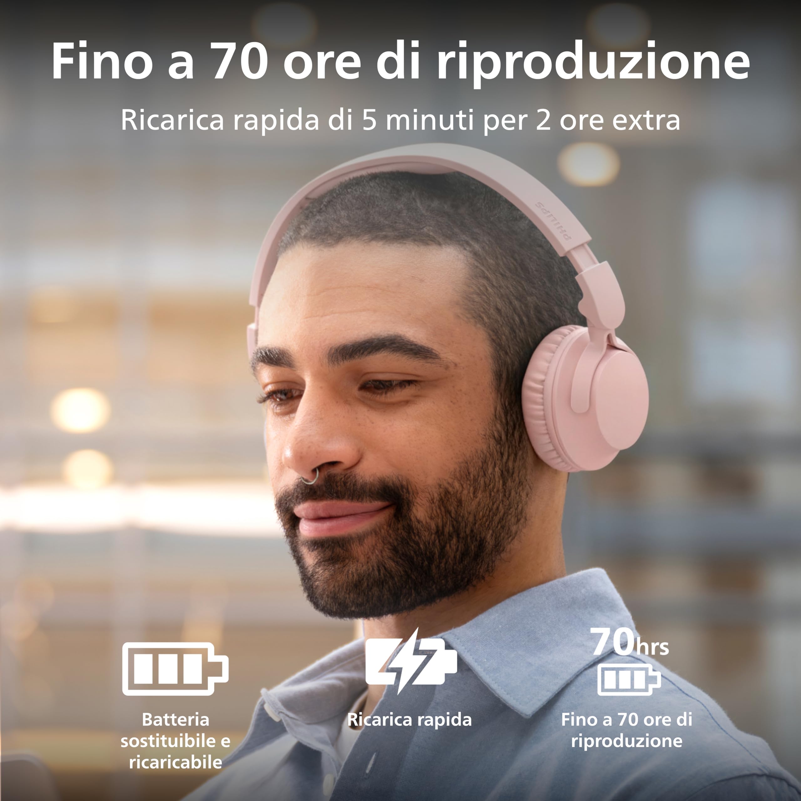 Philips TAH4000PK Cuffie wireless on-ear, 70h riproduzione, Bassi dinamici, Driver 32mm, Bluetooth6.0 Multipoint, Accoppiamento rapido, Cuscinetti/batteria sostituibili, Ripiegabili e leggere - Rosa