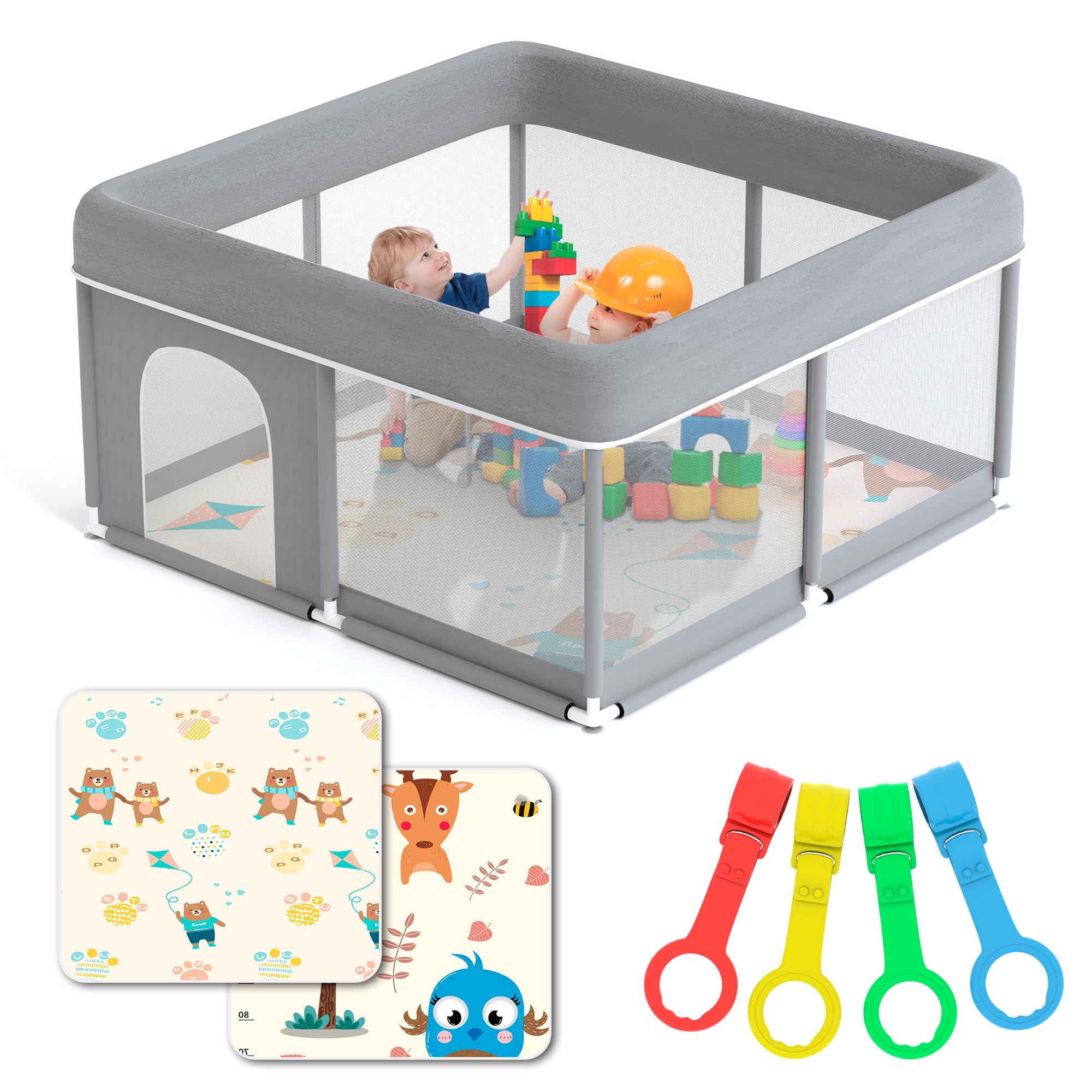 JUPPLIES Parque Infantil Bebe 120x120cm + Alfombra Bebe + 2 Agarraderas – Corralito Bebe con Malla Transpirable – Parque de Juegos Bebe Plegable con Puerta Lateral – Playpen Bebe - (Gris)