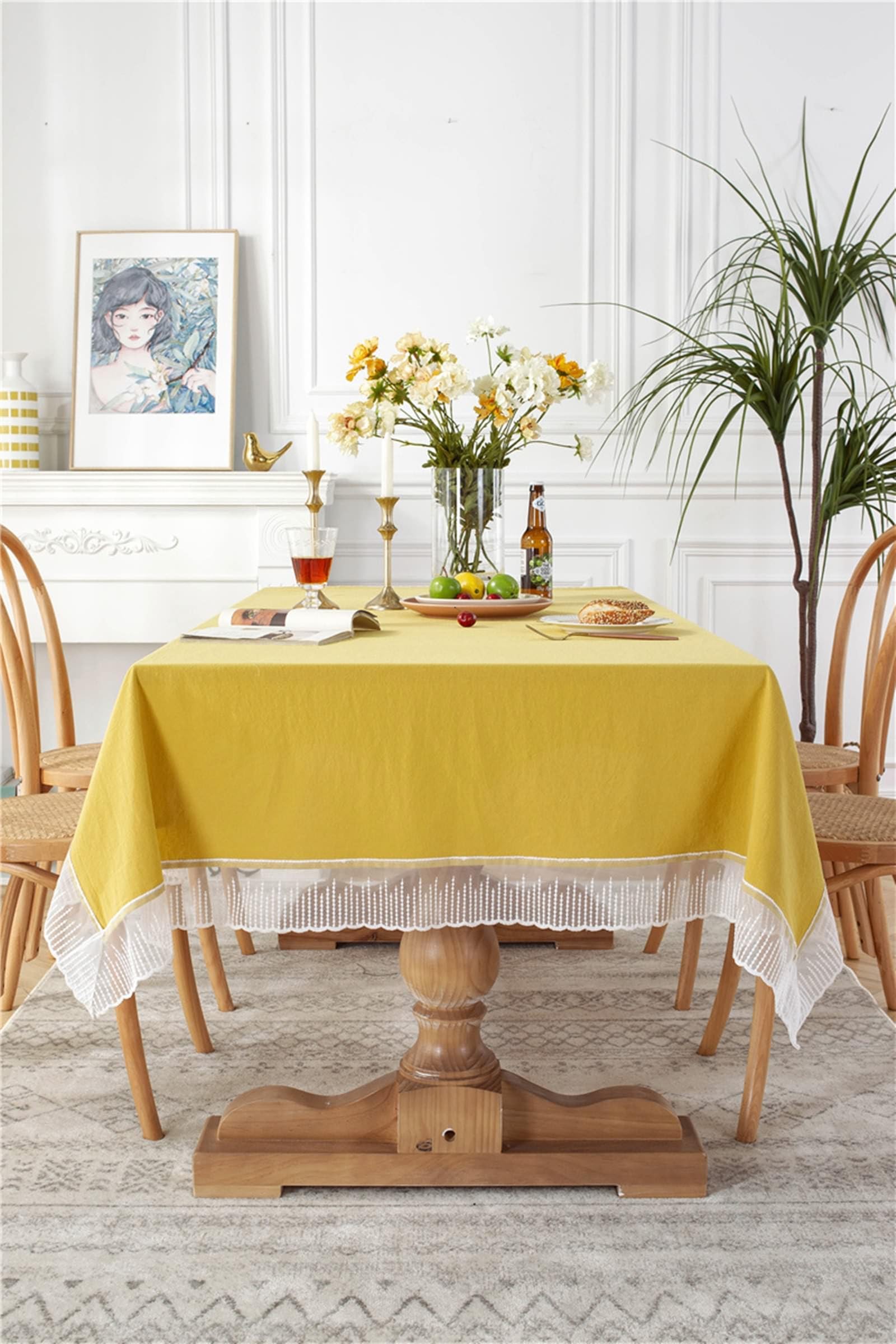 Daesar Protector Mantel Cuadrado,Mantel Algodón Mesa Color Sólido con Encaje Mantel Color Amarillo,140x140CM(55x55Inch)