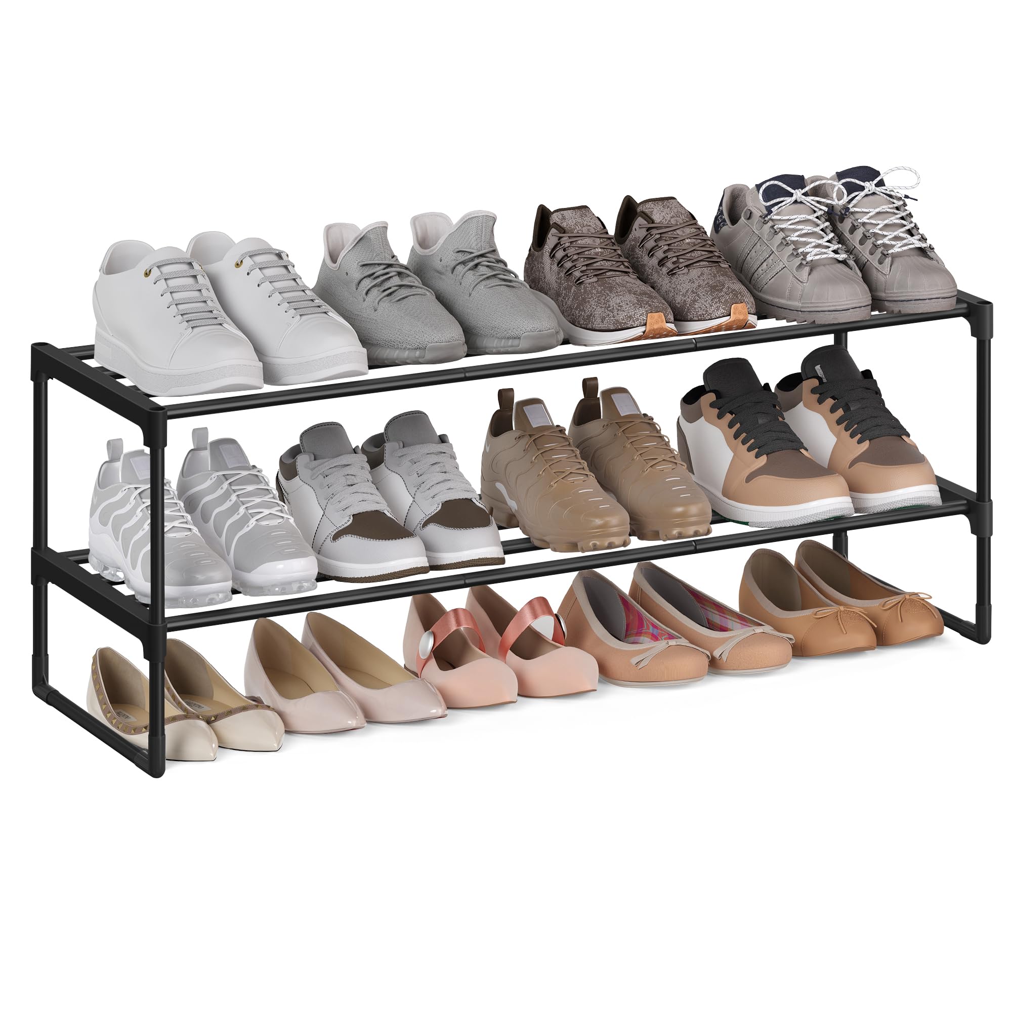 SONGMICS 2-Tier Shoe Rack, Shoe Storage Organiser, Metal Storage Rack, Fits 8 to 10 Pairs of Shoes, Stackable Shoe Shelf, for Hallway, Living Room, Bedroom, 30 x 92 x 34 cm, Black LSA12BK