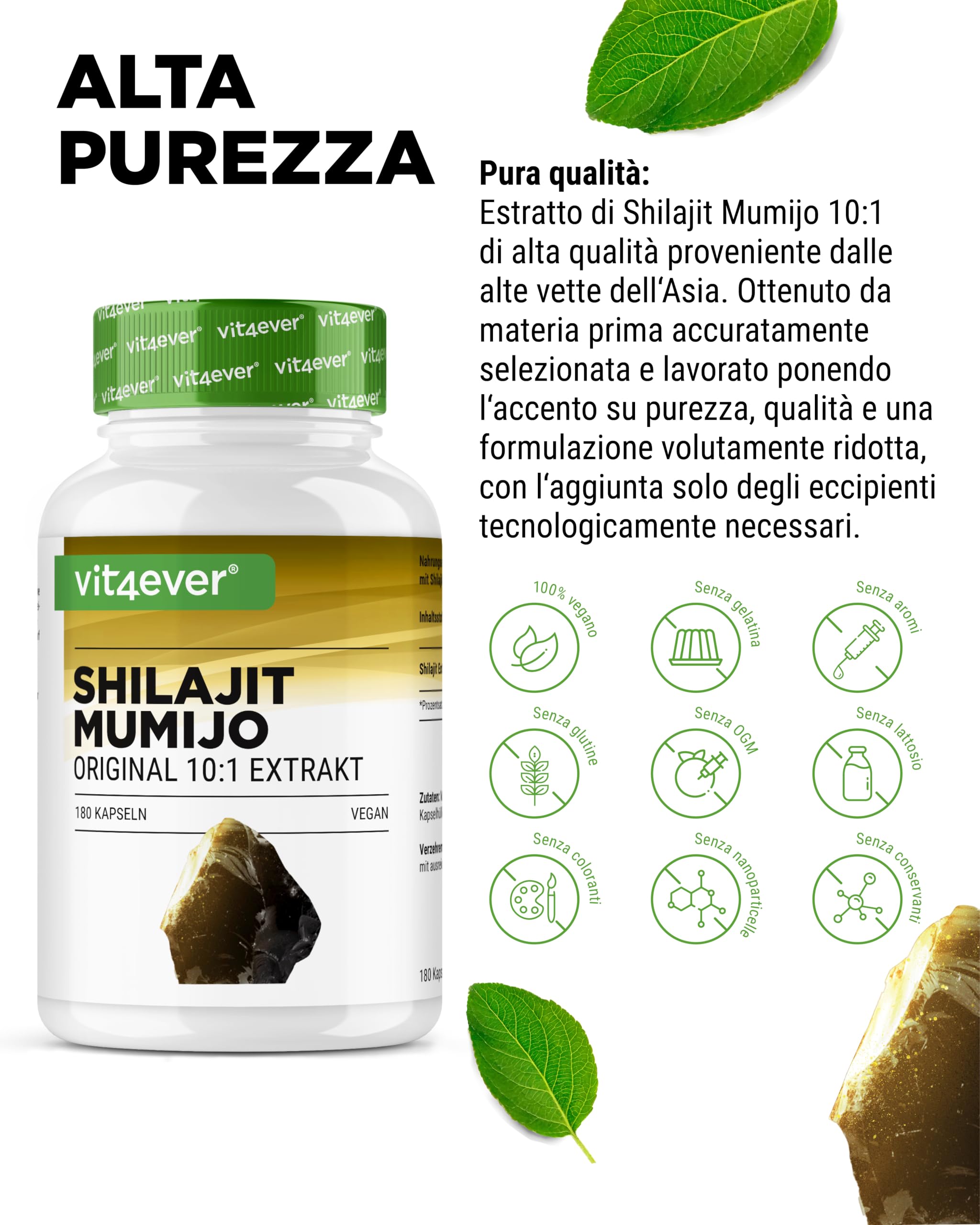 vit4ever Capsule di Shilajit ad Alto Dosaggio - 180 Capsule Vegane - 1400 mg di Estratto di Mumijo 10:1 per Dose Giornaliera - Shilajit Originale dall’Himalaya - Senza Additivi Inutili