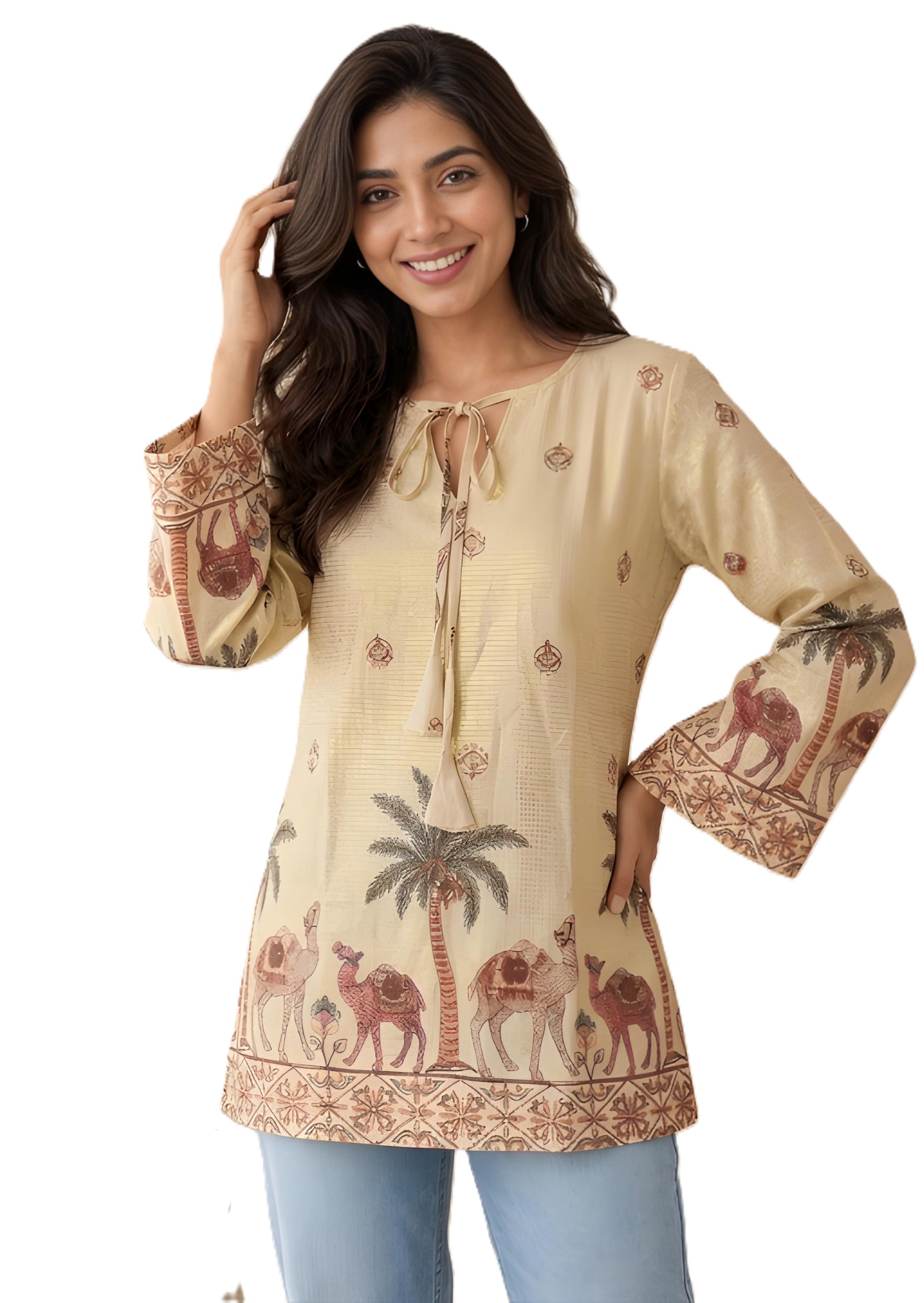 Women's Off-White Cotton Kalamkari Print Full Sleeve Regular Fit Tunic Top-picture-21