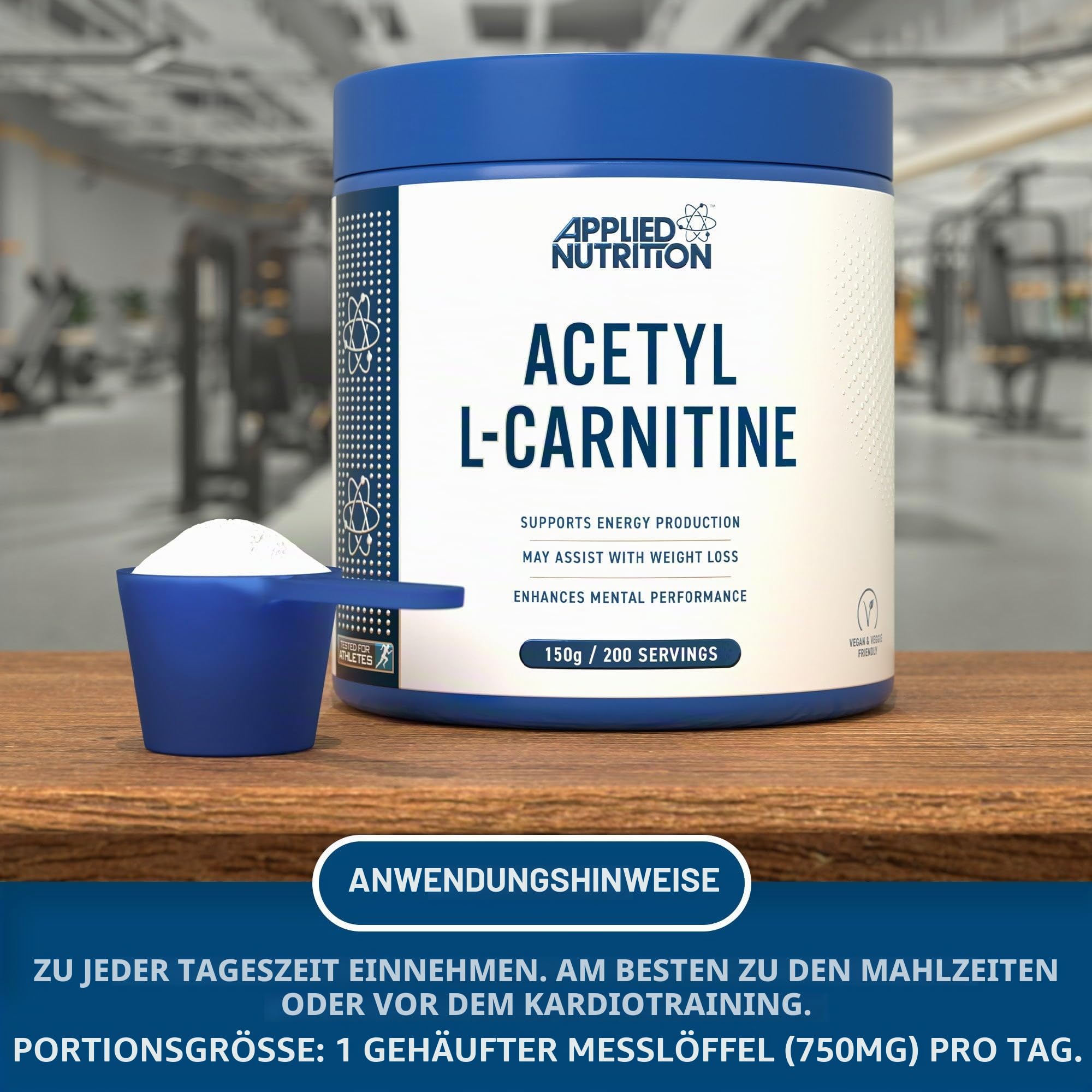 Applied Nutrition Acetyl L-Carnitine Pulver – 150 g Wanne | Unterstützt Energie, Fokus, Ausdauer & Regeneration