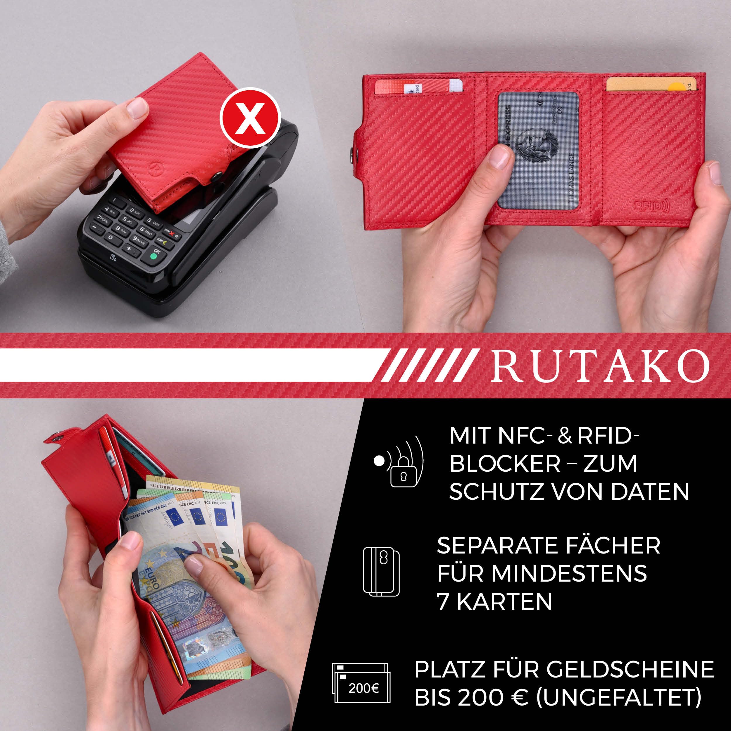 RUTAKO Slim Wallet mit XL Münzfach & RFID-Schutz - Kartenetui Herren & Damen - Kreditkartenetui klein - Mini Geldbörse - Portmonee Portemonnaie klein - Geldbeutel Carbon-Rot