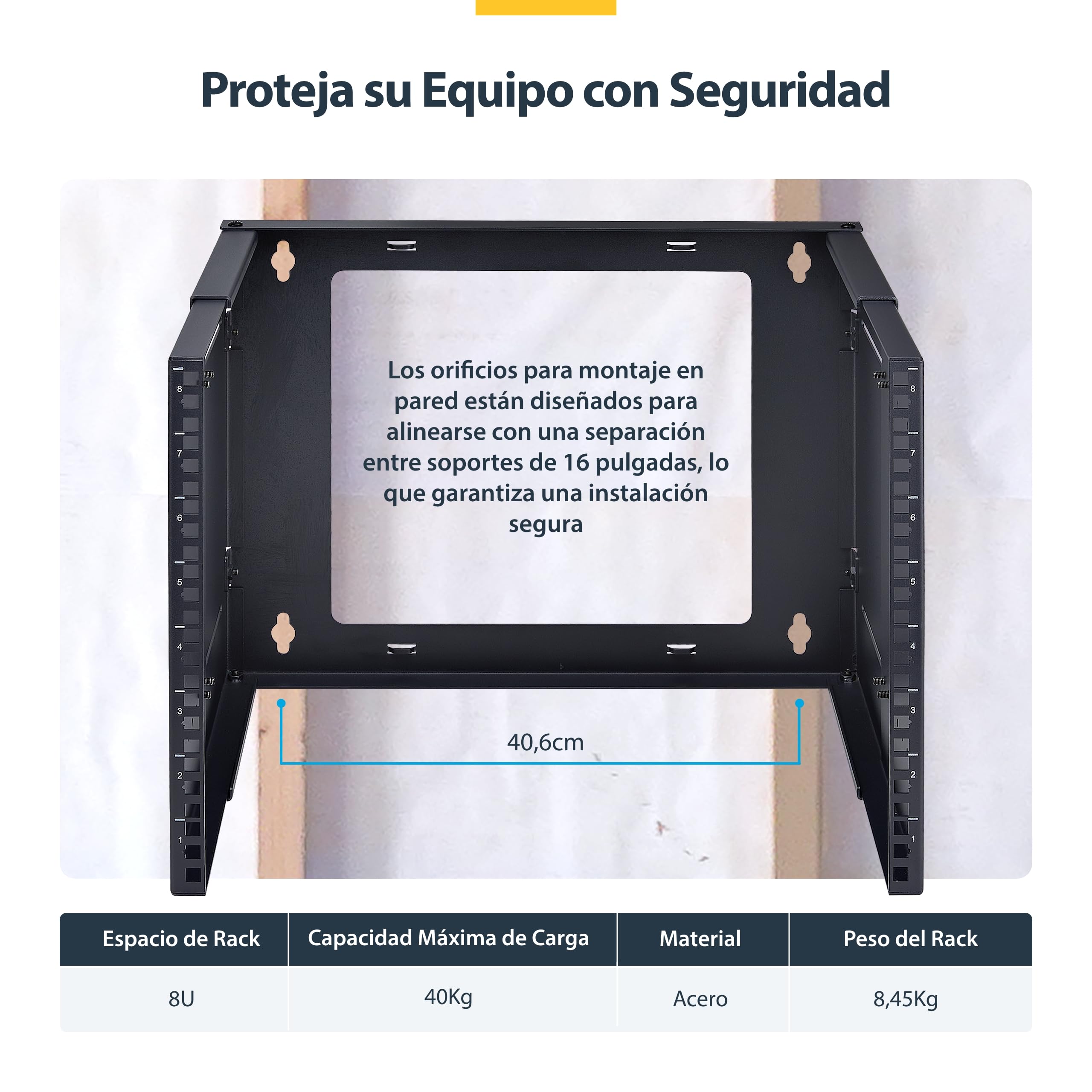 StarTech.com Rack de Pared 8U de 2 Columnas - Ajustable hasta 40,64cm - Bracket Mural de 19" para Servidores - Máximo de 40kg