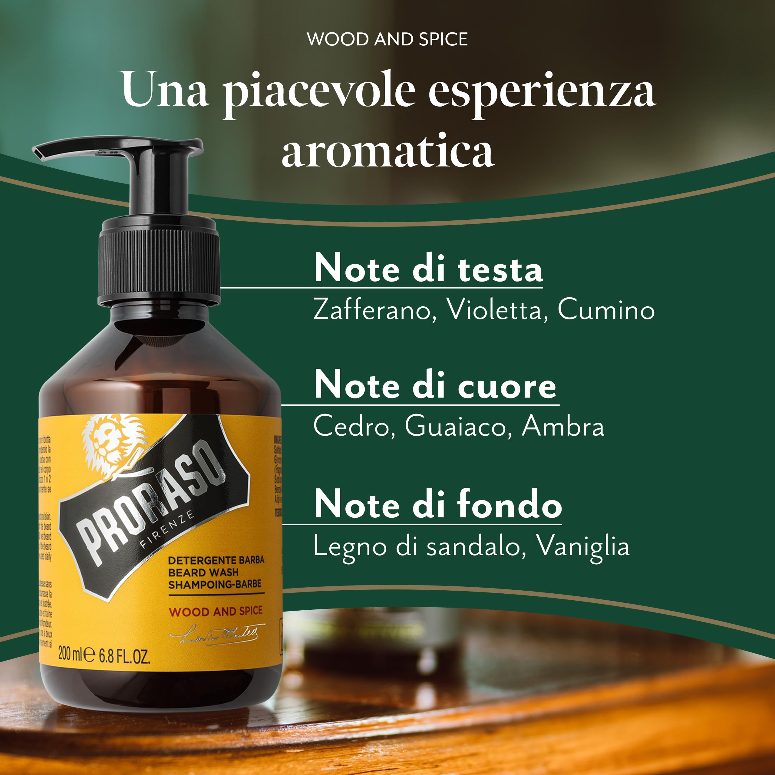 Proraso Detergente Barba Wood and Spice, 200ml, Shampoo barba detergente per uomo con azione purificante per la cura della barba, Made in Italy