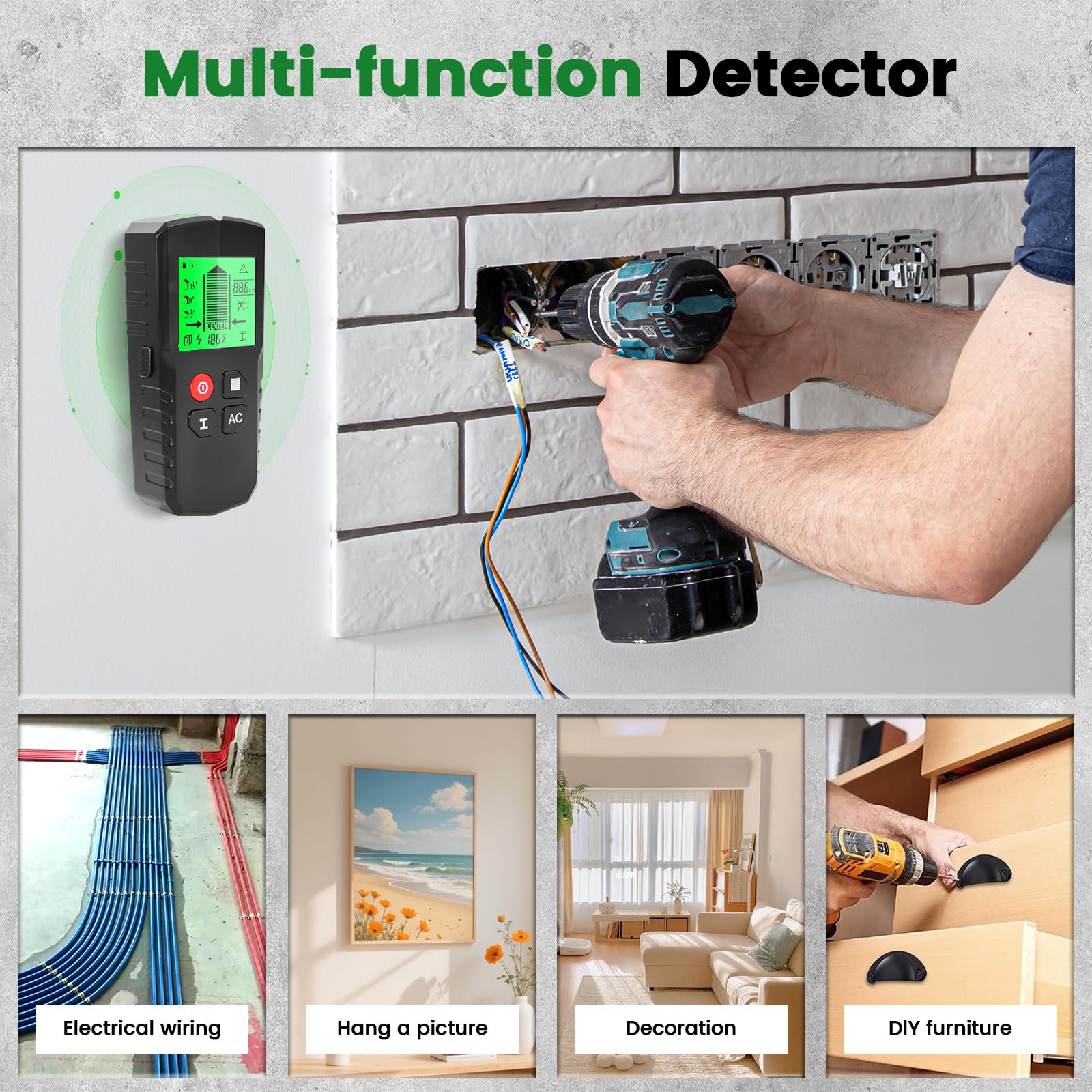 Leitungssucher Ortungsgerät, 5 in 1 Multifunktions Wand Scanner Detektor Stud Finder, Leitungssuchgerät mit HD-LCD-Display & Audio-Alarm für Metall, Rohre, Holz, Stromleitung, Bolzen & Balken