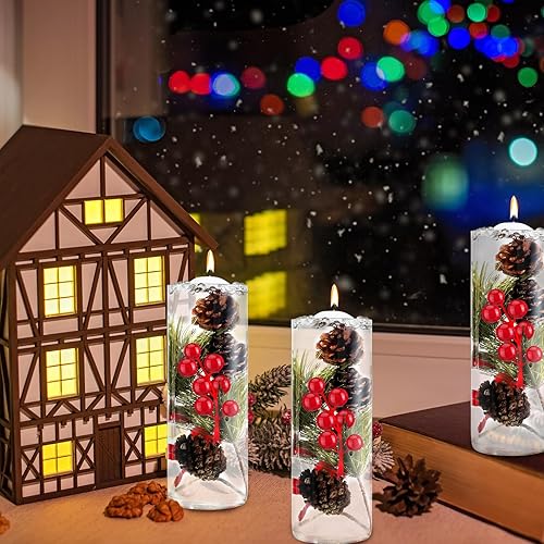 Miniatura 4 de 86 piezas de relleno de jarrón de Navidad, velas flotantes de Navidad, centro de mesa, tallos de bayas rojas sintéticas, ramas de pino, piñas,
