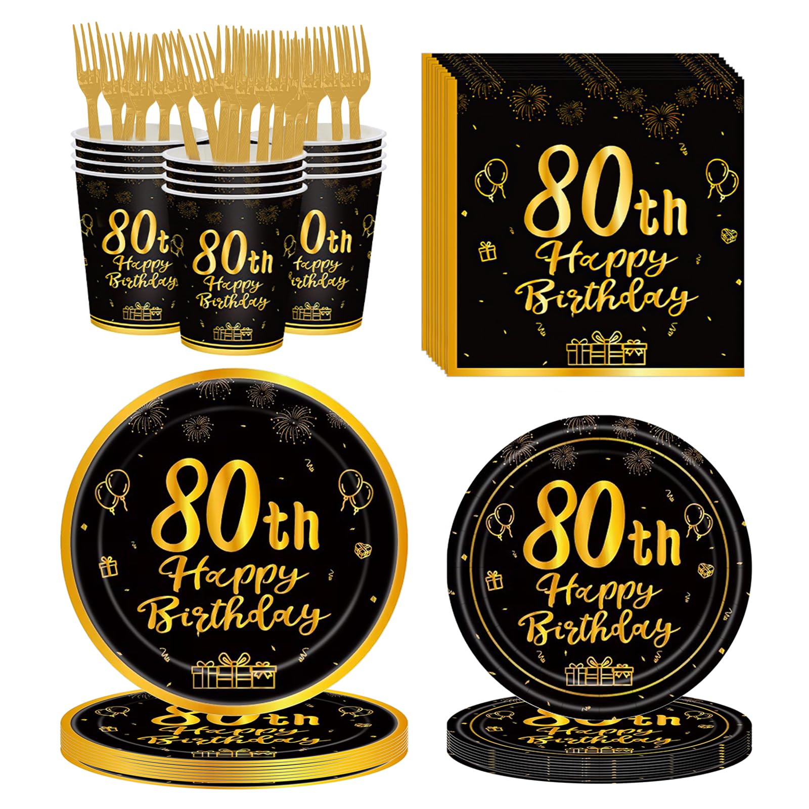 Lousuip 120Pcs 80th Birthday Party Supplies Plates Napkins Cups Forks Tableware Set Gold Black Happy 80th Birthday Themed Disposable Tableware