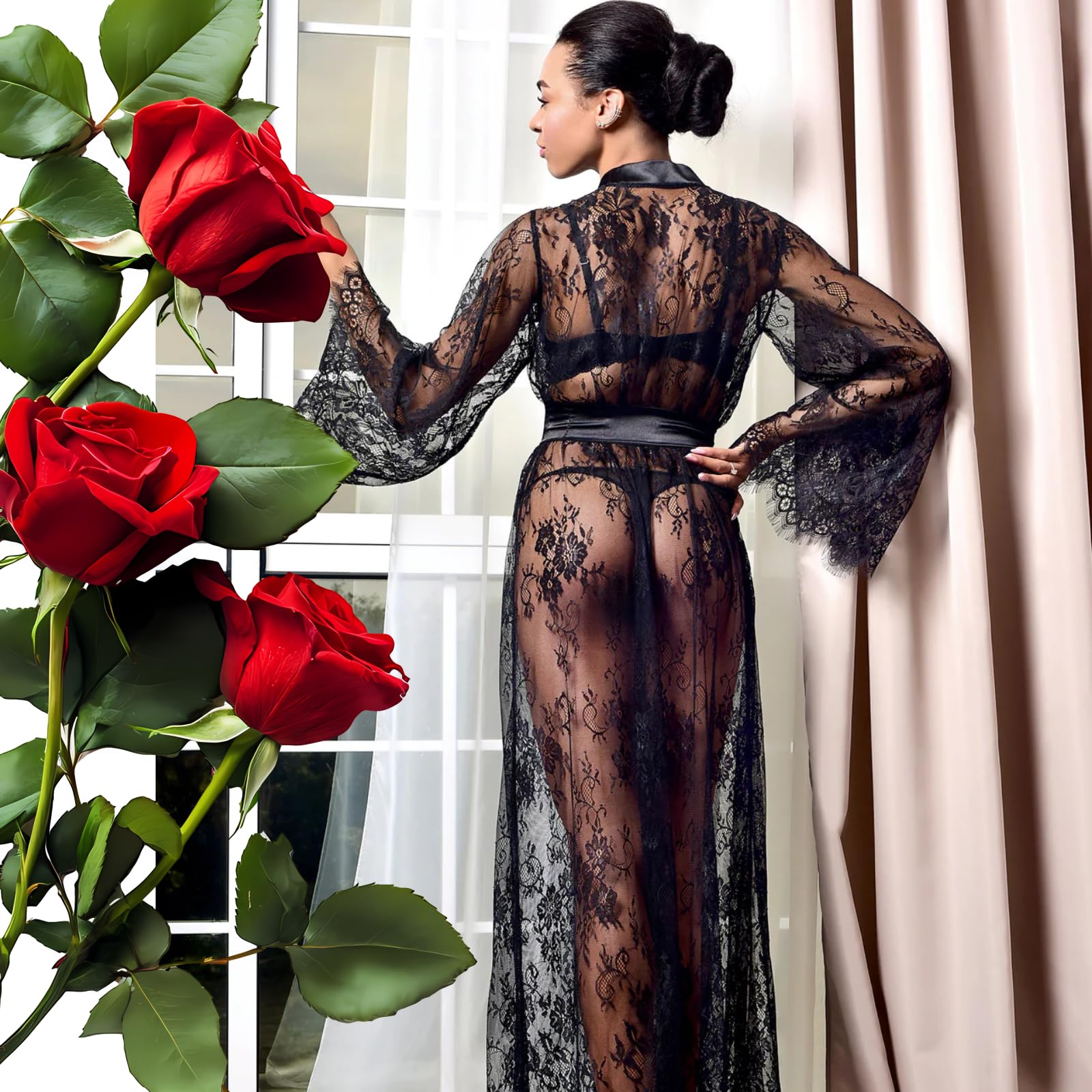 ZWCHGJ Szlafroki, długie prześwitujące koronkowe szaty kimono prześwitujące szlafroki z siateczki tiulowa koszula nocna maxi elegancka koszula nocna bielizna nocna, na bieliznę nocną sukienka dla