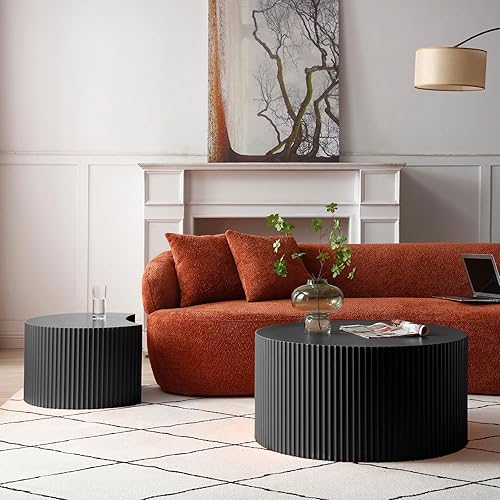 Miniatura 3 de Juego de 2 mesas auxiliares anidables, mesa auxiliar redonda de madera creativa de luna, color negro mate, mesas auxiliares modernas de lujo para