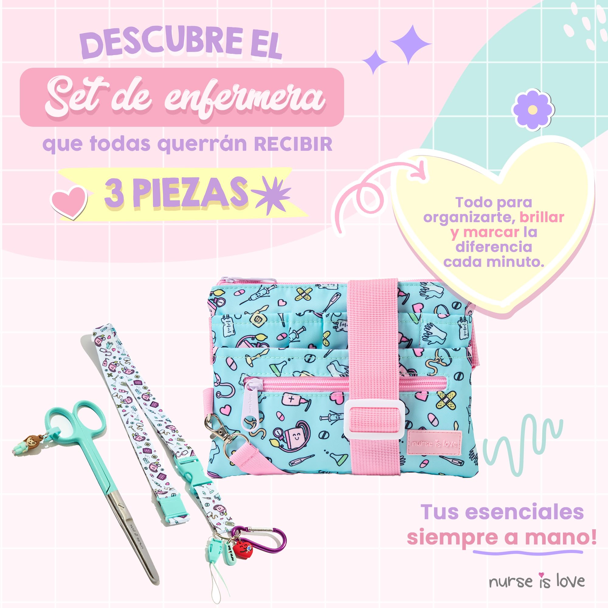 Nurse is Love Regalos Enfermera Original Y TCAE Set (3uds).| Riñonera + Lanyard Ideal para Enfermera + Tijeras Enfermeria Mayo con Mosqueton + Estuche de Presentacion | Accesorios - AQUA