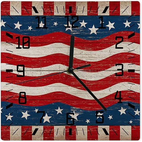 4th of July Wooden Wall Clock Silent Non Ticking, American Flag Wave Star on Wood Patriotic Square Wall Clock Battery Operated, Decor Clock for Home