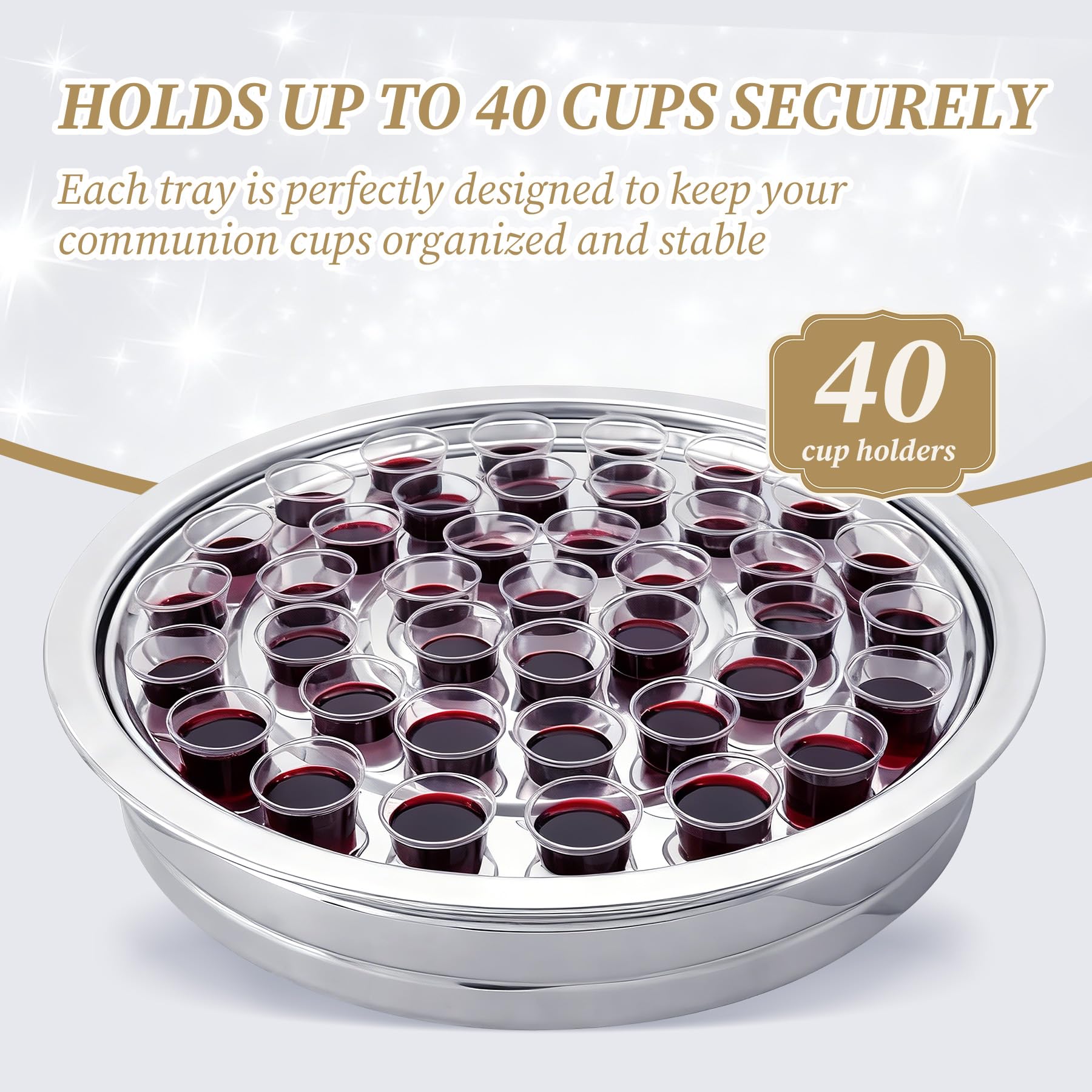 Lot de 2 plateaux à vin de communion en acier inoxydable avec 1 couvercle et 1 assiette à pain avec couvercle, comprend 100 tasses jetables, remplissage de tasses