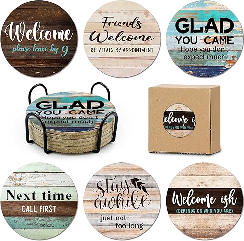 6 posavasos de corcho absorbente sarcástico para bebidas, bar de granja para bebidas con soporte, divertidos posavasos para proteger tu mesa de