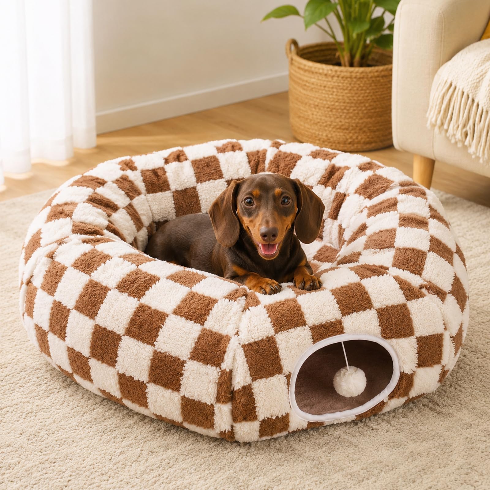 2026 New Dachshund Tunnel Bed - Flower Design Plush Foldable Dog Bed, 2 in 1 Detachable Dog Cat Tunnel Bed for Indoor Cats Tunnel Donut with Cushion and Play (Brown)