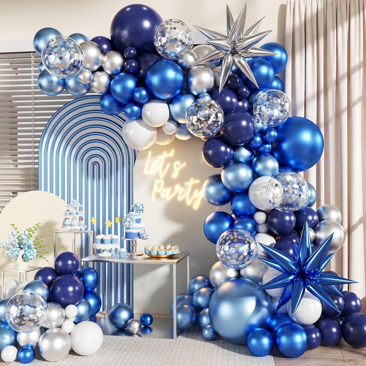 CboDeco Blue Silver Balloon Arch Garland Kit, Navy Light Metallic Blue Silver White Confetti Balloons With Stars for Birthday Wedding Birdal Shower Graduation Fathers Day Party Decorations โ image 1