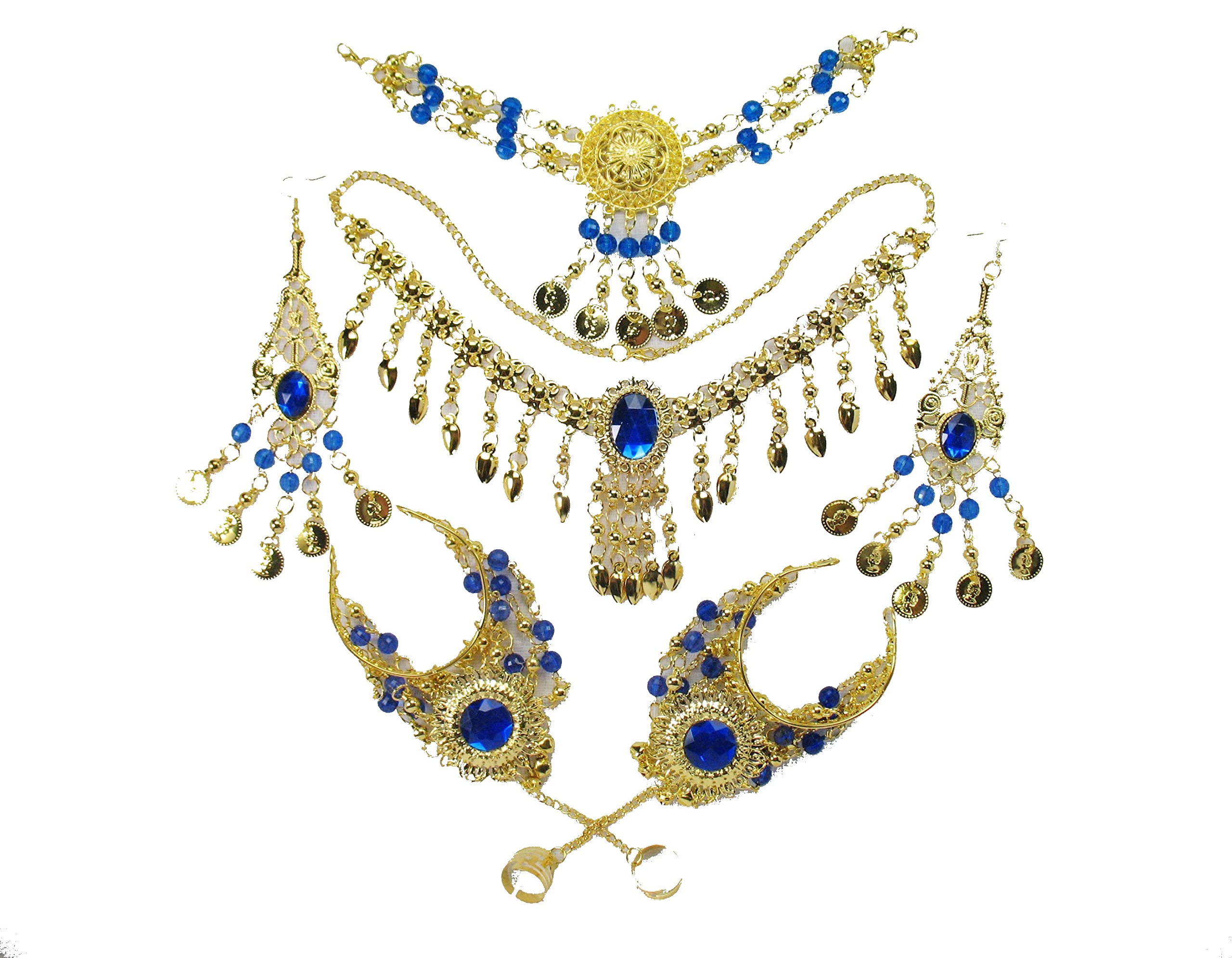 Female belly dance performance Indian dance headdress Indian dance dance accessories six-piece set, party accessories (Sapphire blue six-piece set)