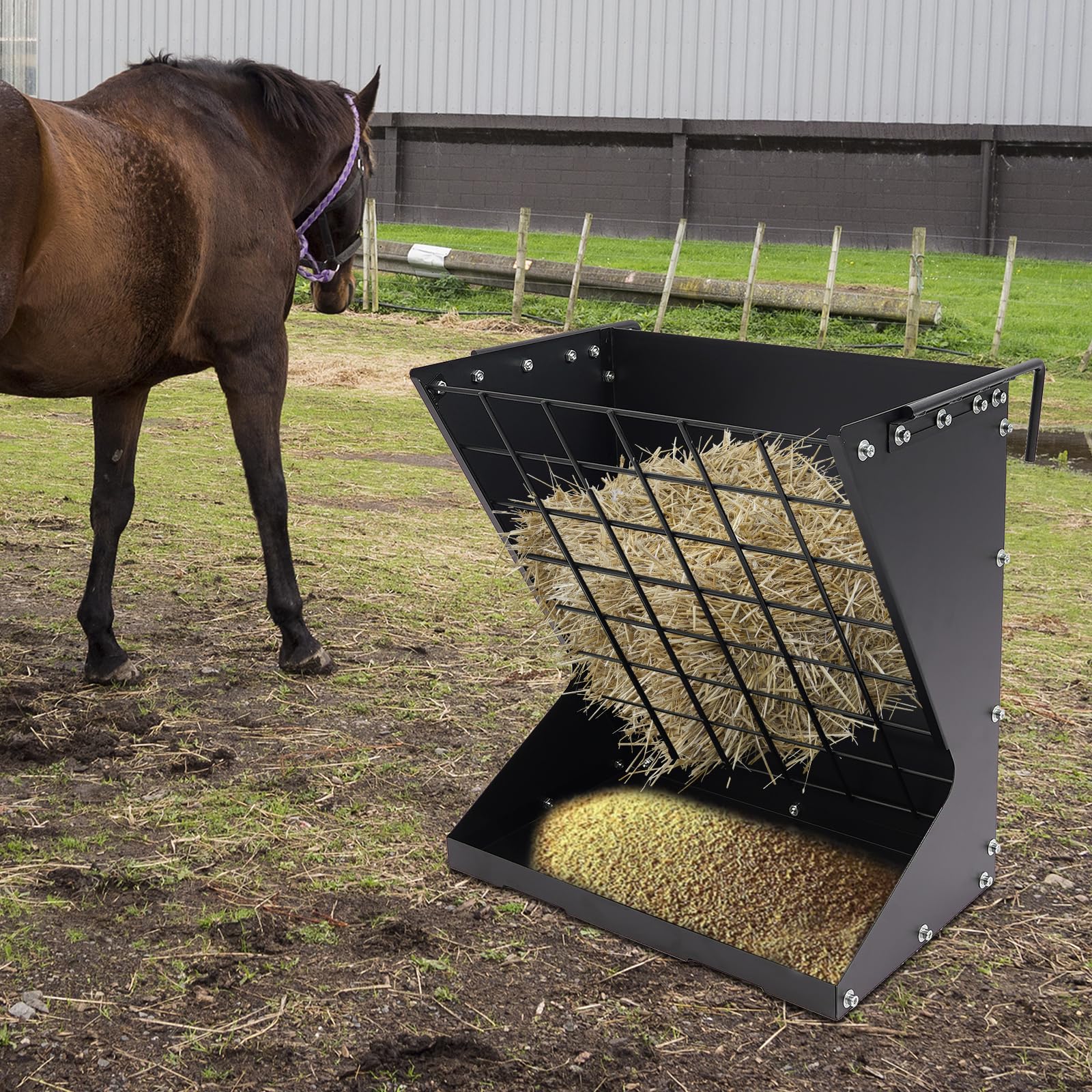 comedero de heno grande para caballos, ovejas y cabras, 2 en 1, heno y grano/comedero, comederos colgantes de ovejas con rejilla de ahorro de alimentos y ganchos para varios establos y corral (negro)