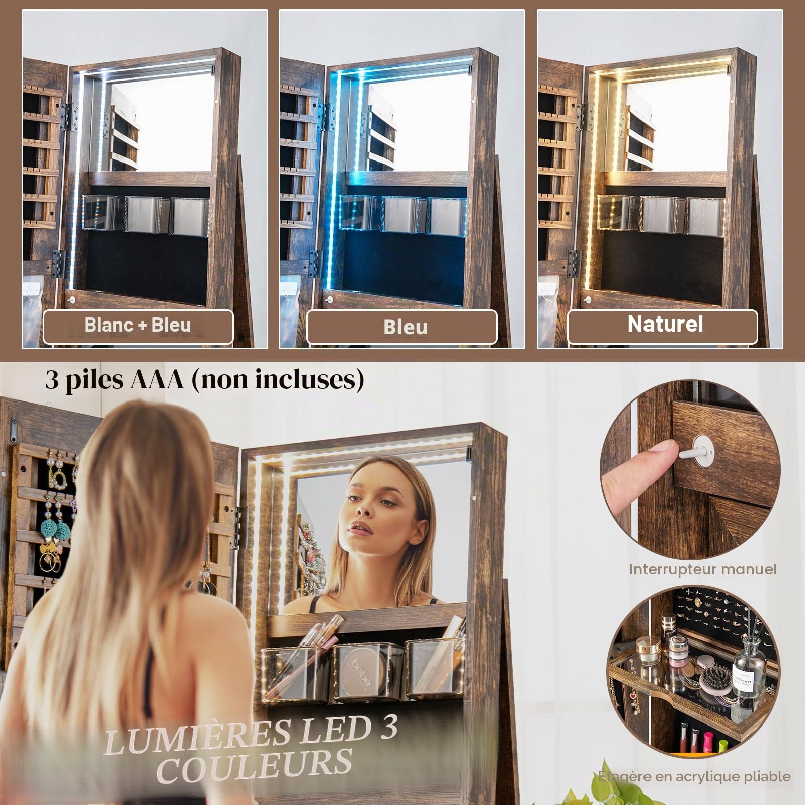 HOMASIS Armoire à bijoux 3 en 1 avec miroir intégral - Miroir rotatif à 360° avec serrure - Rangement de bijoux avec lumières LED - Organisateur de maquillage avec étagères à l'arrière (marron vintage